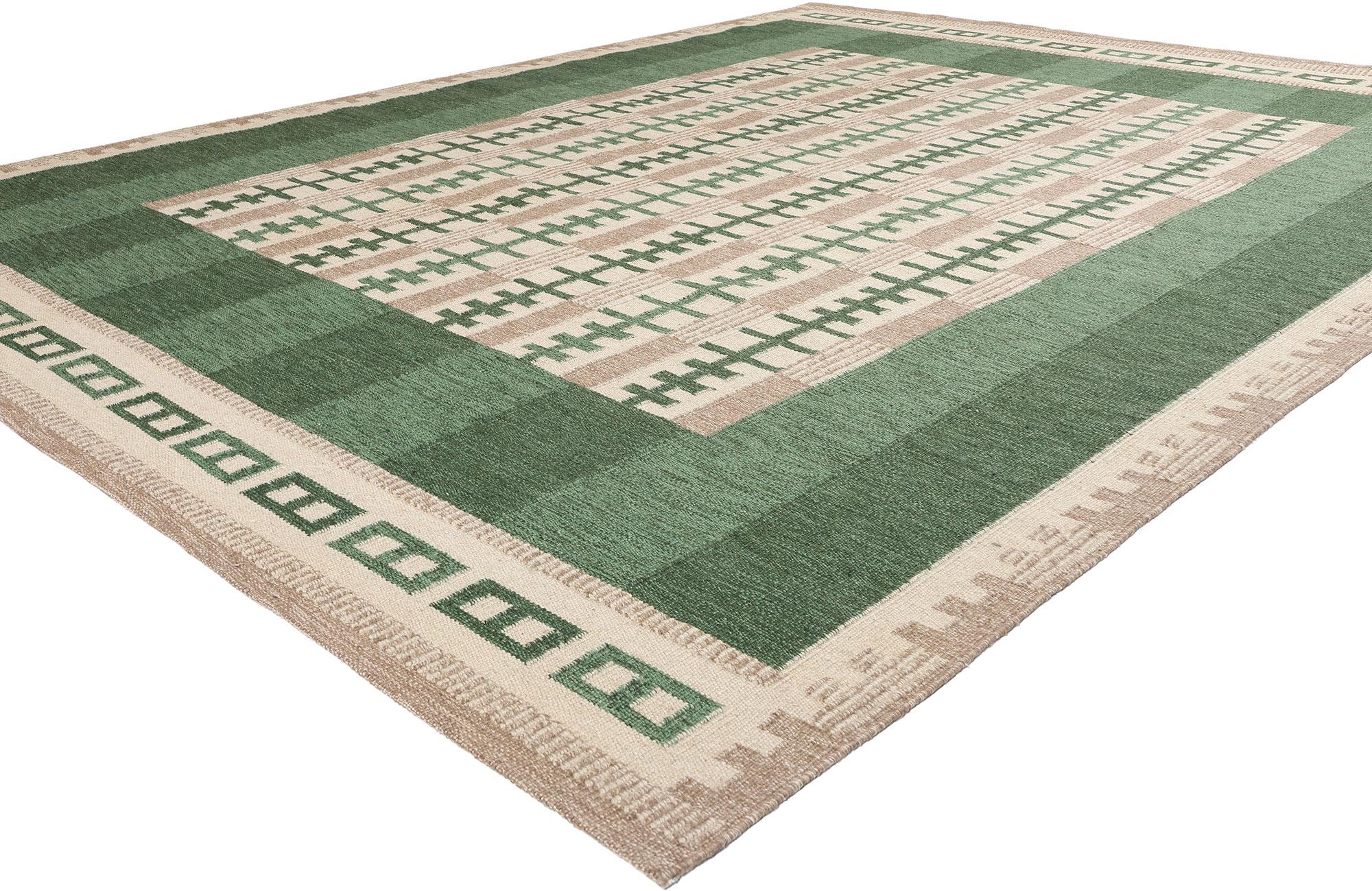 31128 Alfombra Kilim Escandinava Moderna de Inspiración Sueca, 09'03 x 11'10. En esta encantadora alfombra kilim tejida a mano en lana de inspiración sueca, el estilo moderno escandinavo se une a la serena esencia del diseño biofílico. Los