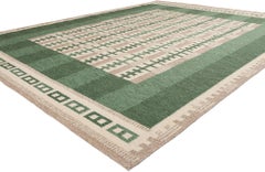 Swedish Scandinavian Green Kilim Rug Inspired by Irma Kronlund