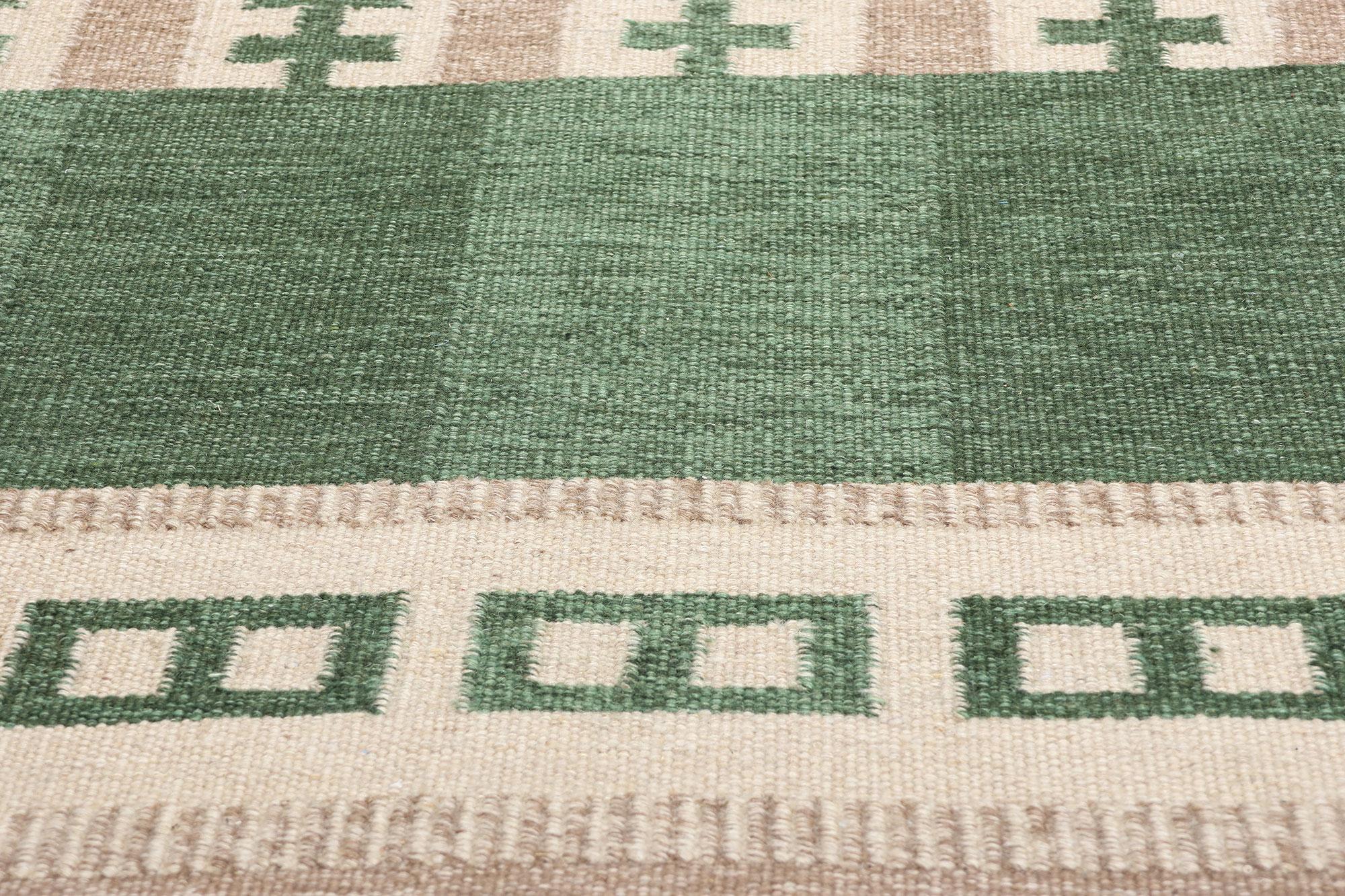 Alfombra Kilim Verde Escandinava Sueca Inspirada por Irma Kronlund Tejido a mano en venta