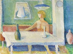 SWEDISH MID 20TH CENTURY HUGE OIL PAINTING - FIGURE DRINKING AT BISTRO TABLE