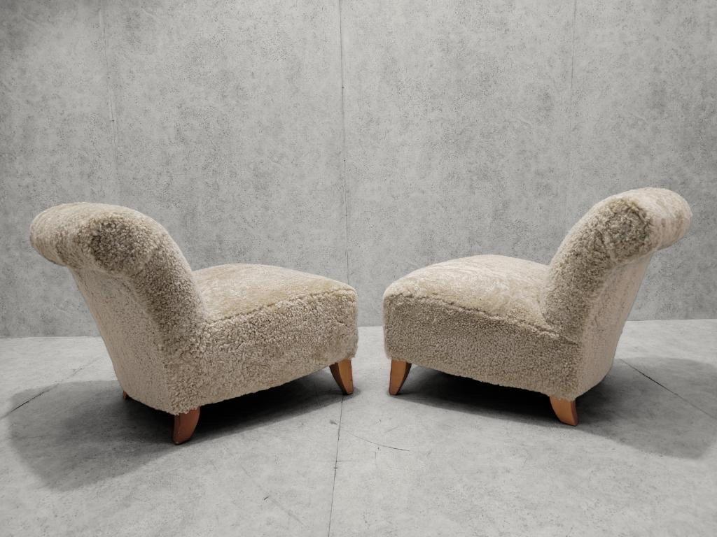 Swedish Scroll Back Slipper Chairs Newly Upholstered in Natural Sheep's Wool (2) In Good Condition For Sale In Chicago, IL