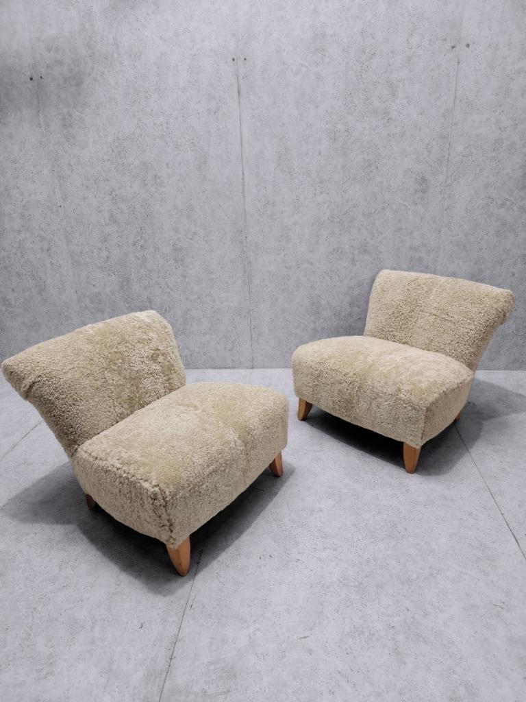 Swedish Scroll Back Slipper Chairs Newly Upholstered in Natural Sheep's Wool (2) For Sale 1