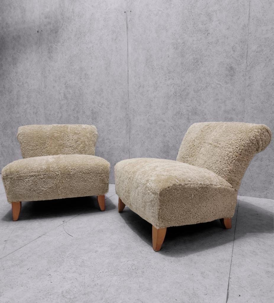 Swedish Scroll Back Slipper Chairs Newly Upholstered in Natural Sheep's Wool (2) For Sale 2