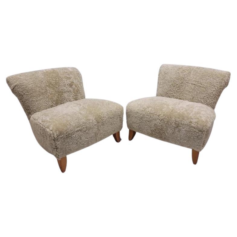 Swedish Scroll Back Slipper Chairs Newly Upholstered in Natural Sheep's Wool (2)