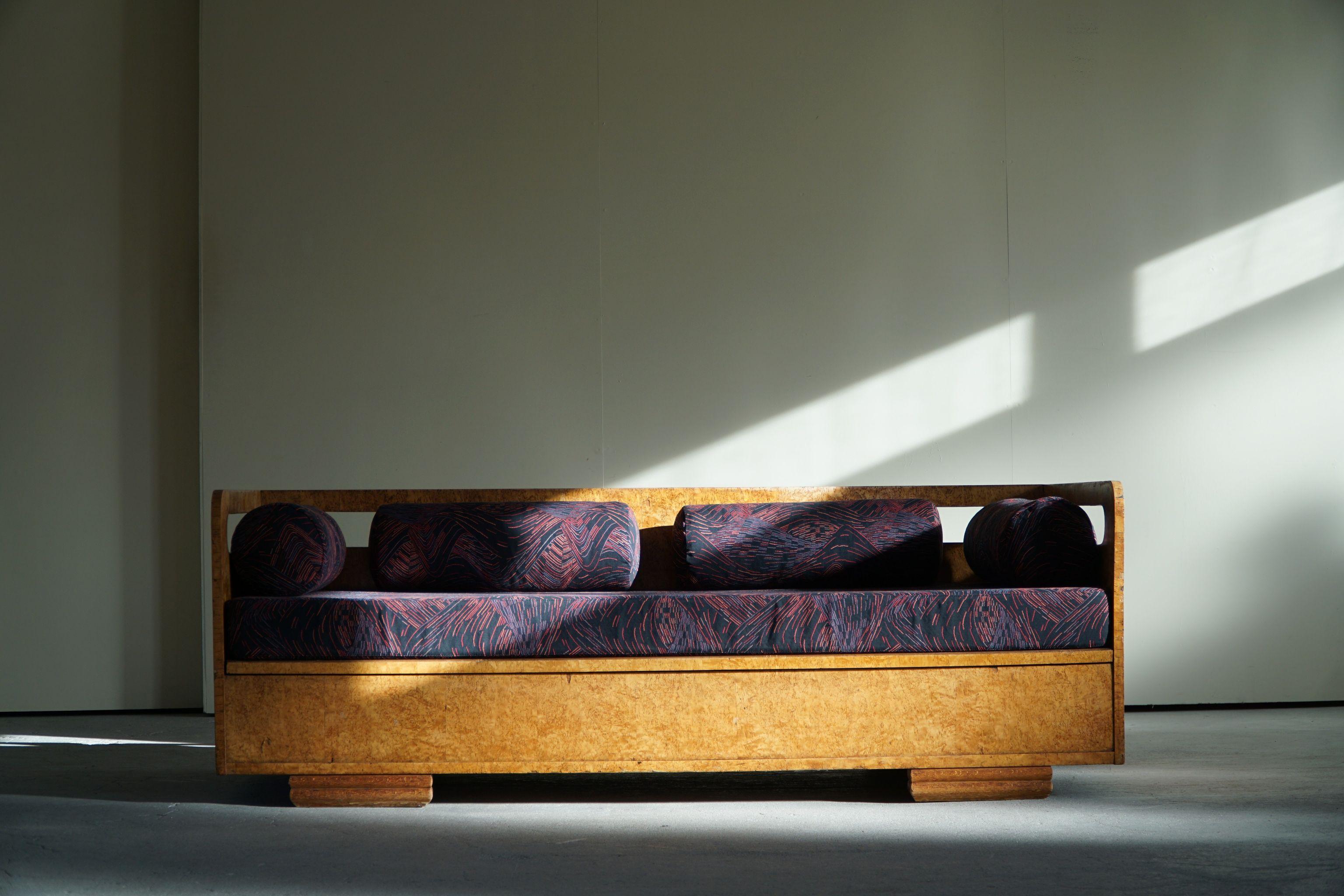 Fabric Swedish Sculptural Art Deco Daybed / Sofa in Burl Wood, Reupholstered, 1940s