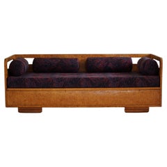 Antique Swedish Sculptural Art Deco Daybed / Sofa in Burl Wood, Reupholstered, 1940s