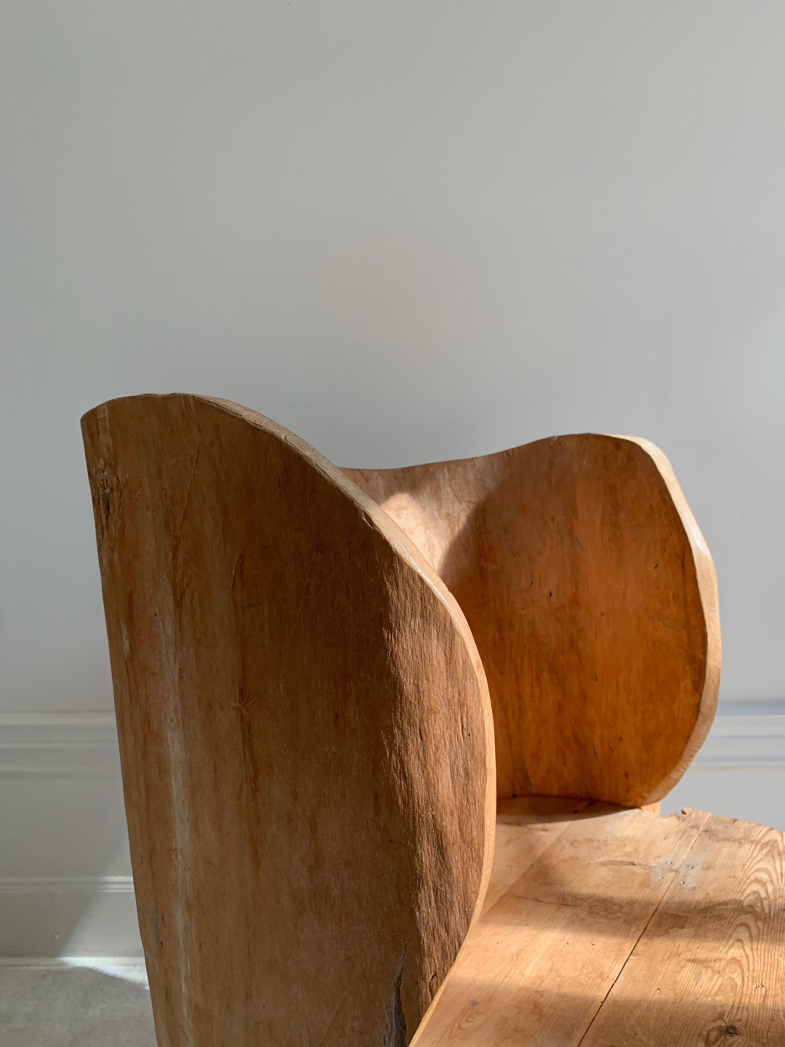 Rare and unique stump chair in a Brutalist style made by unknown designer / maker in Sweden. In good overall condition with a nice and warm patina.