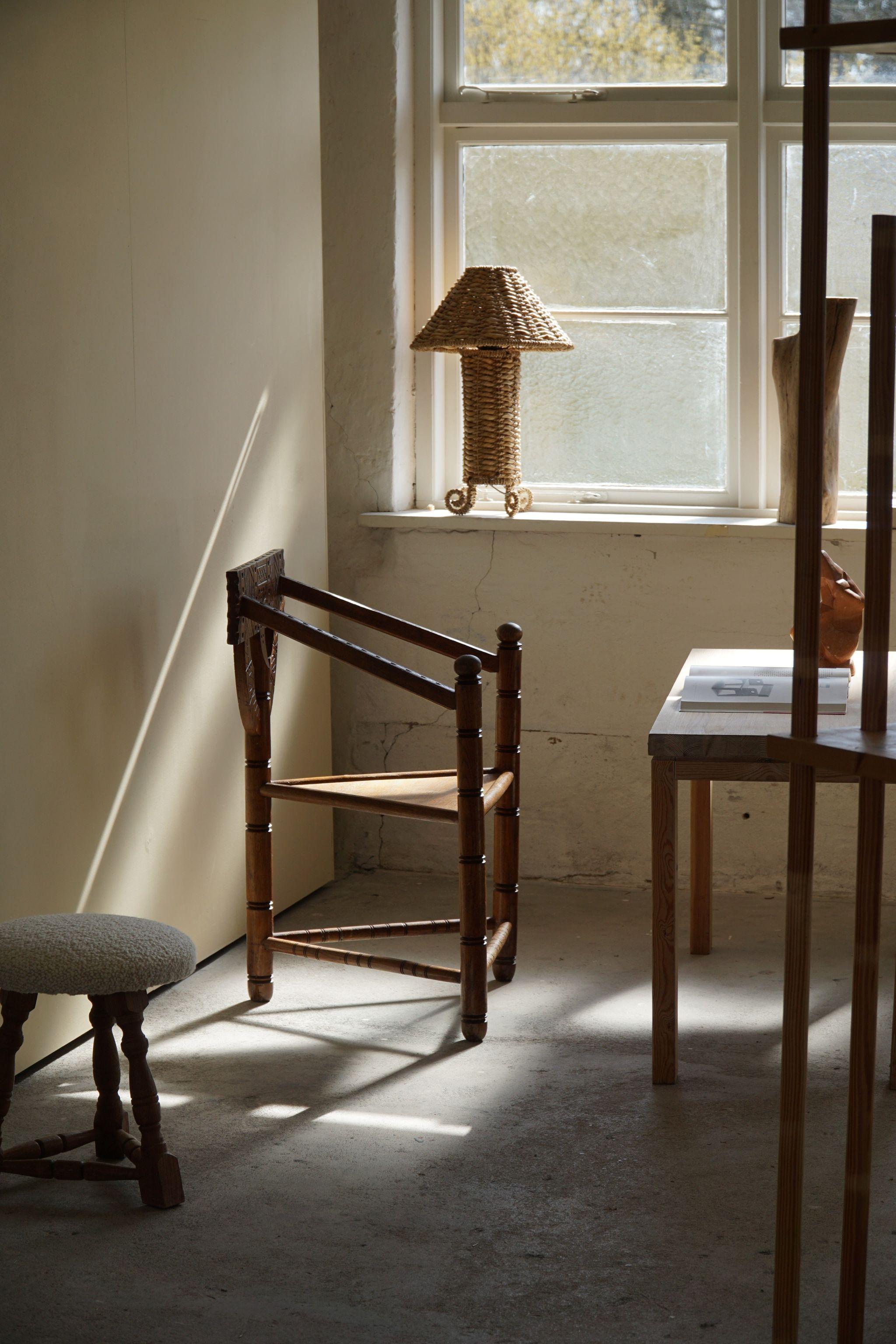 Swedish Sculptural Carved Monk Chair in Solid Oak, Wabi Sabi, Early 20th Century 6