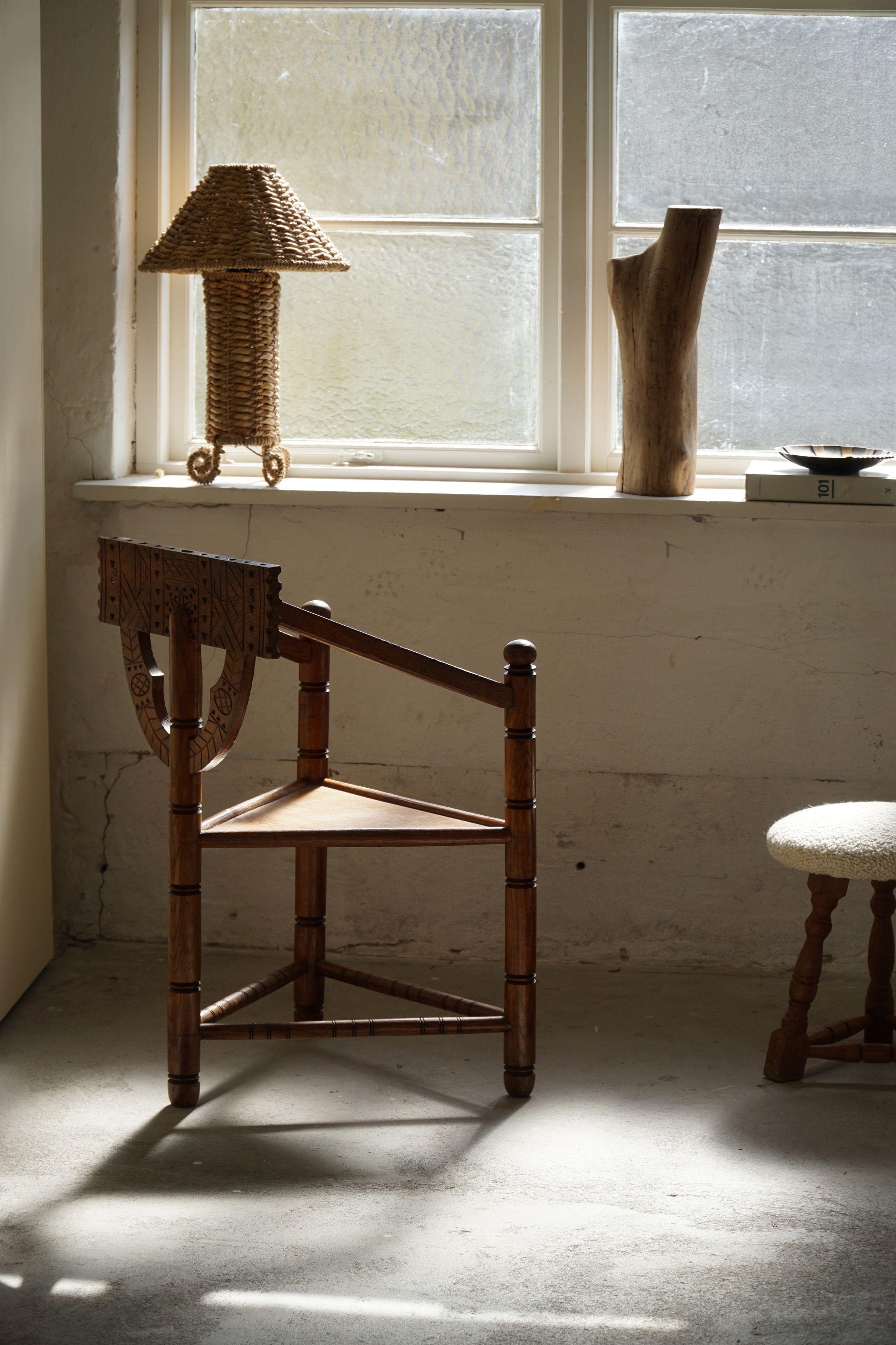 Swedish Sculptural Carved Monk Chair in Solid Oak, Wabi Sabi, Early 20th Century 8