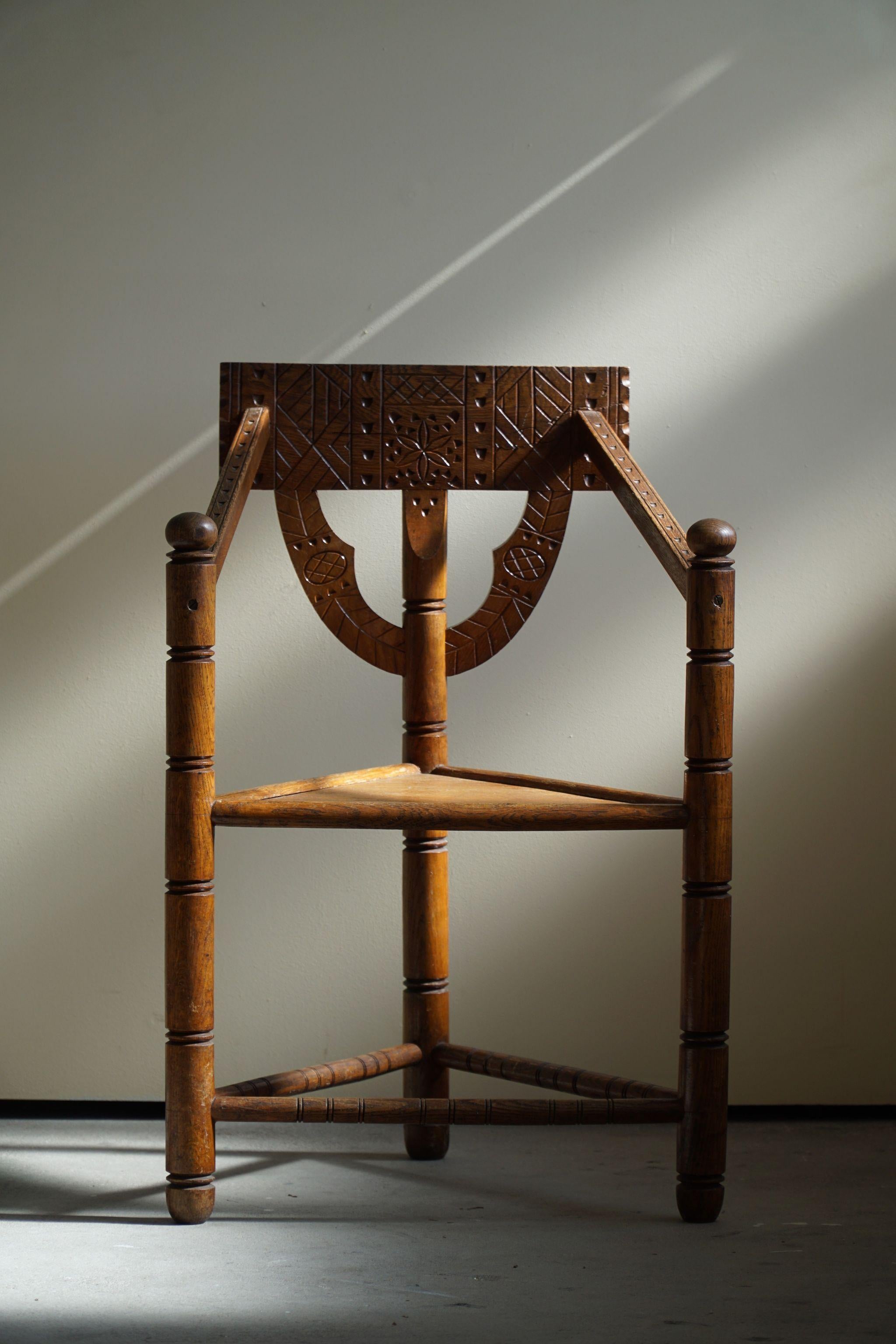 Scandinavian Modern Swedish Sculptural Carved Monk Chair in Solid Oak, Wabi Sabi, Early 20th Century