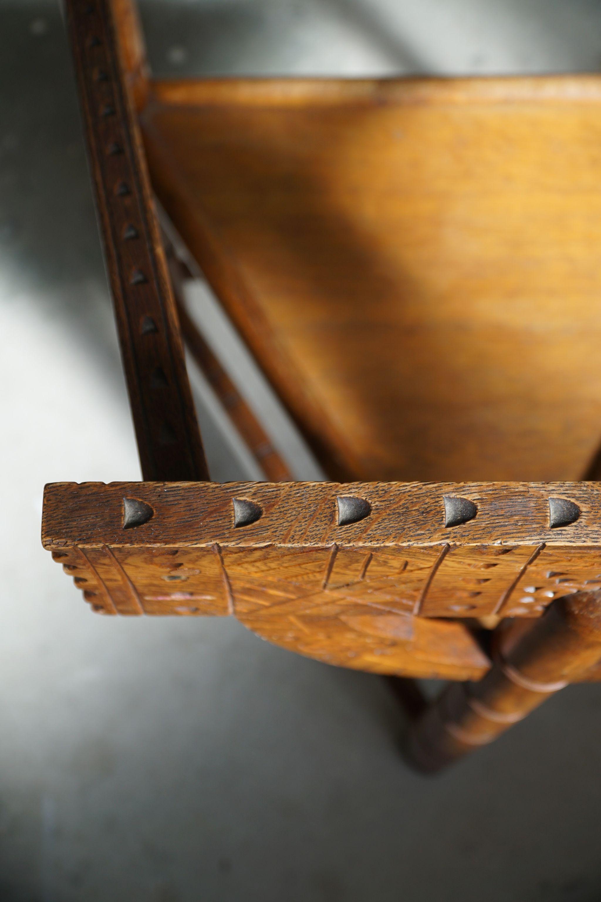 Swedish Sculptural Carved Monk Chair in Solid Oak, Wabi Sabi, Early 20th Century 3