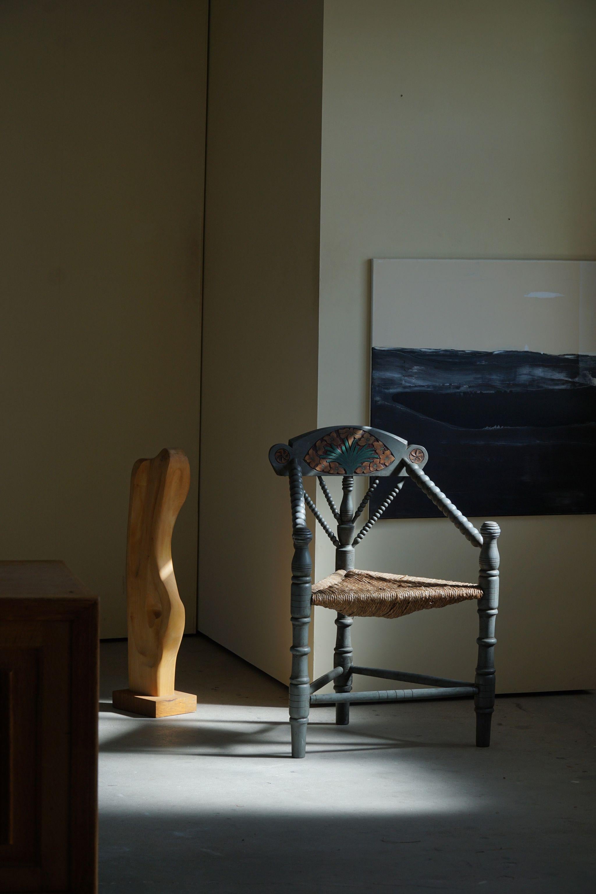 A fine wooden vintage Monk chair with seagrass seat. Hand Painted and Carved by a Swedish cabinetmaker in the early 20th century. 

This fine decorative brutalist chair will complementary many interior styles. A modern, Scandinavian or an Art Deco