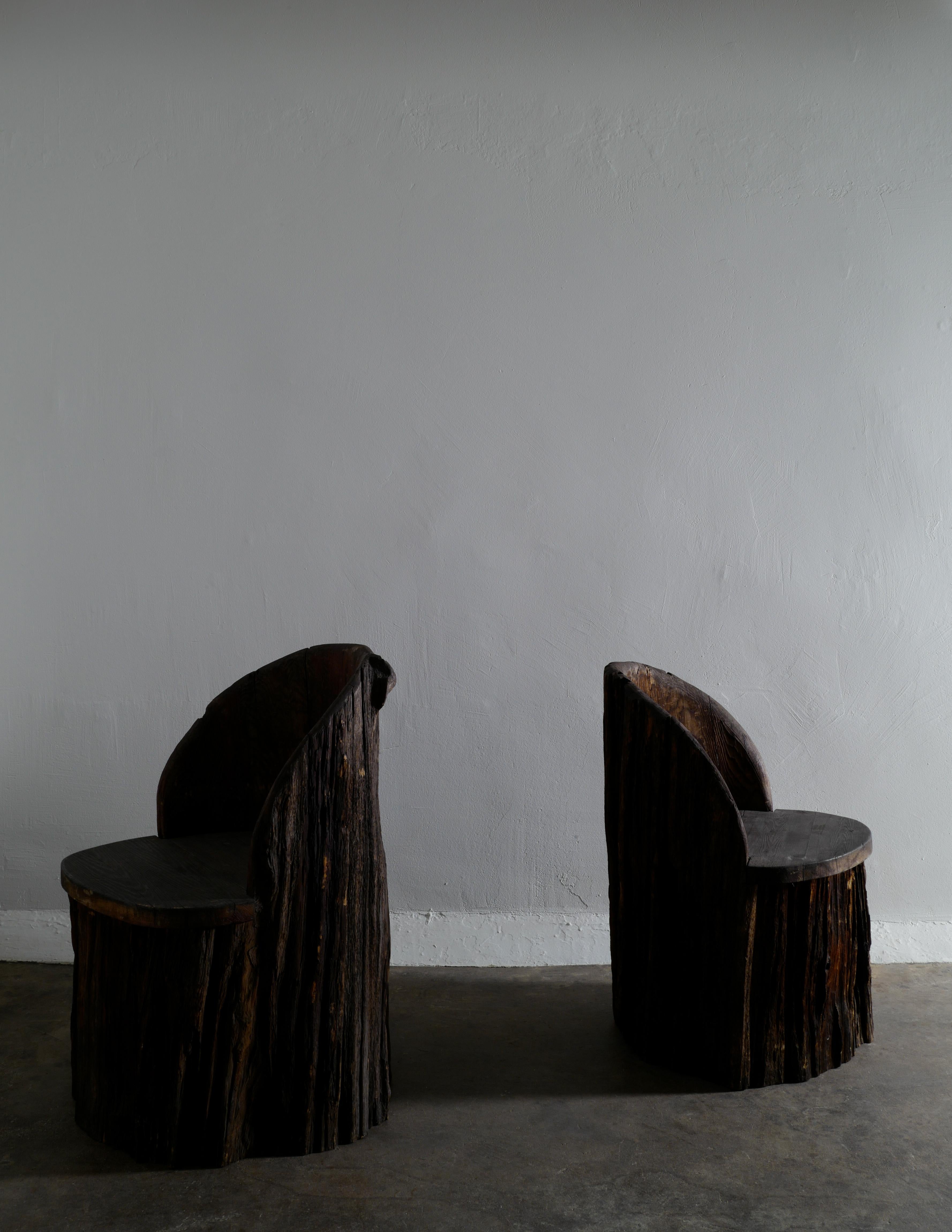 Swedish Primitive Sculptural Wabi Sabi Stump Chairs in Solid Stained Pine, 1900s In Good Condition In Stockholm, SE
