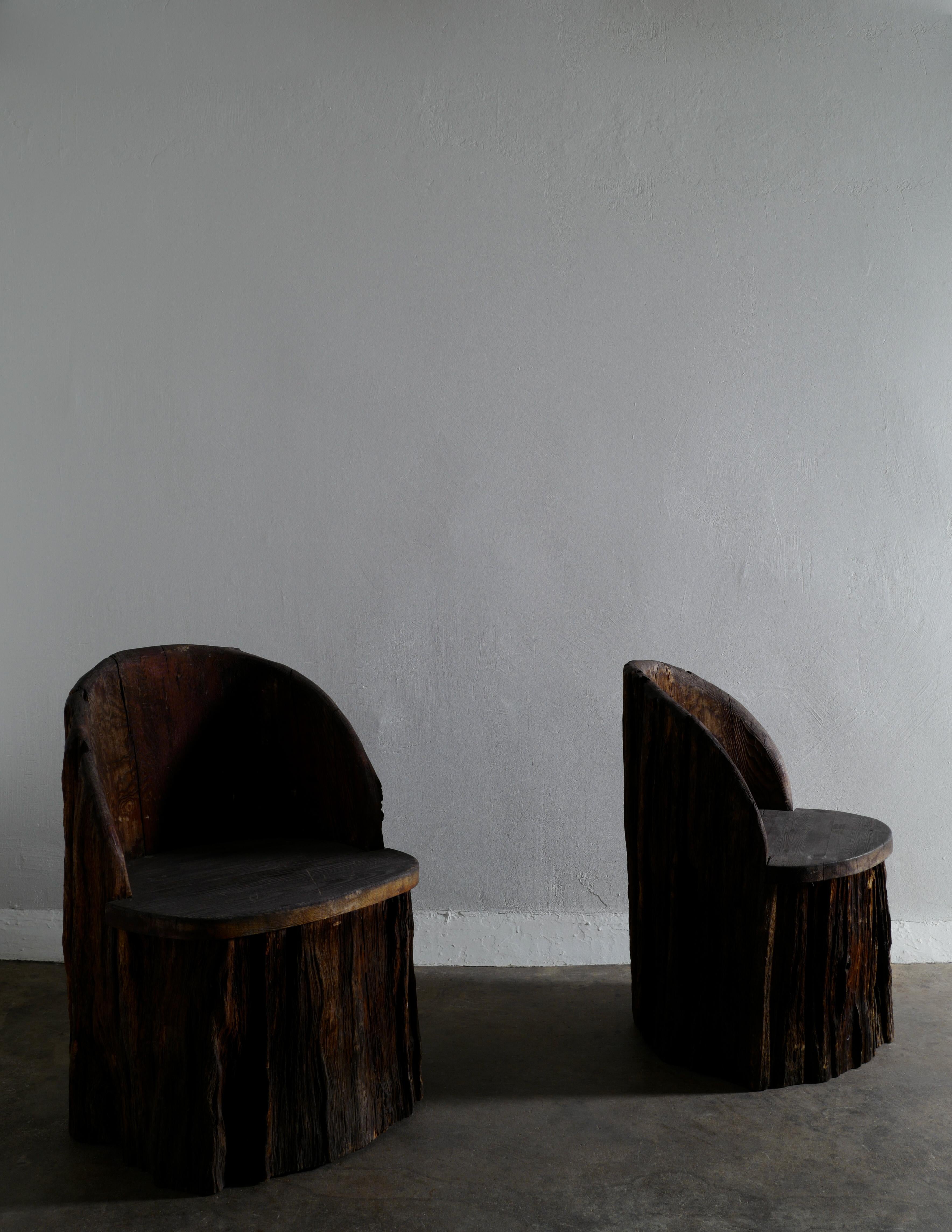 20th Century Swedish Primitive Sculptural Wabi Sabi Stump Chairs in Solid Stained Pine, 1900s