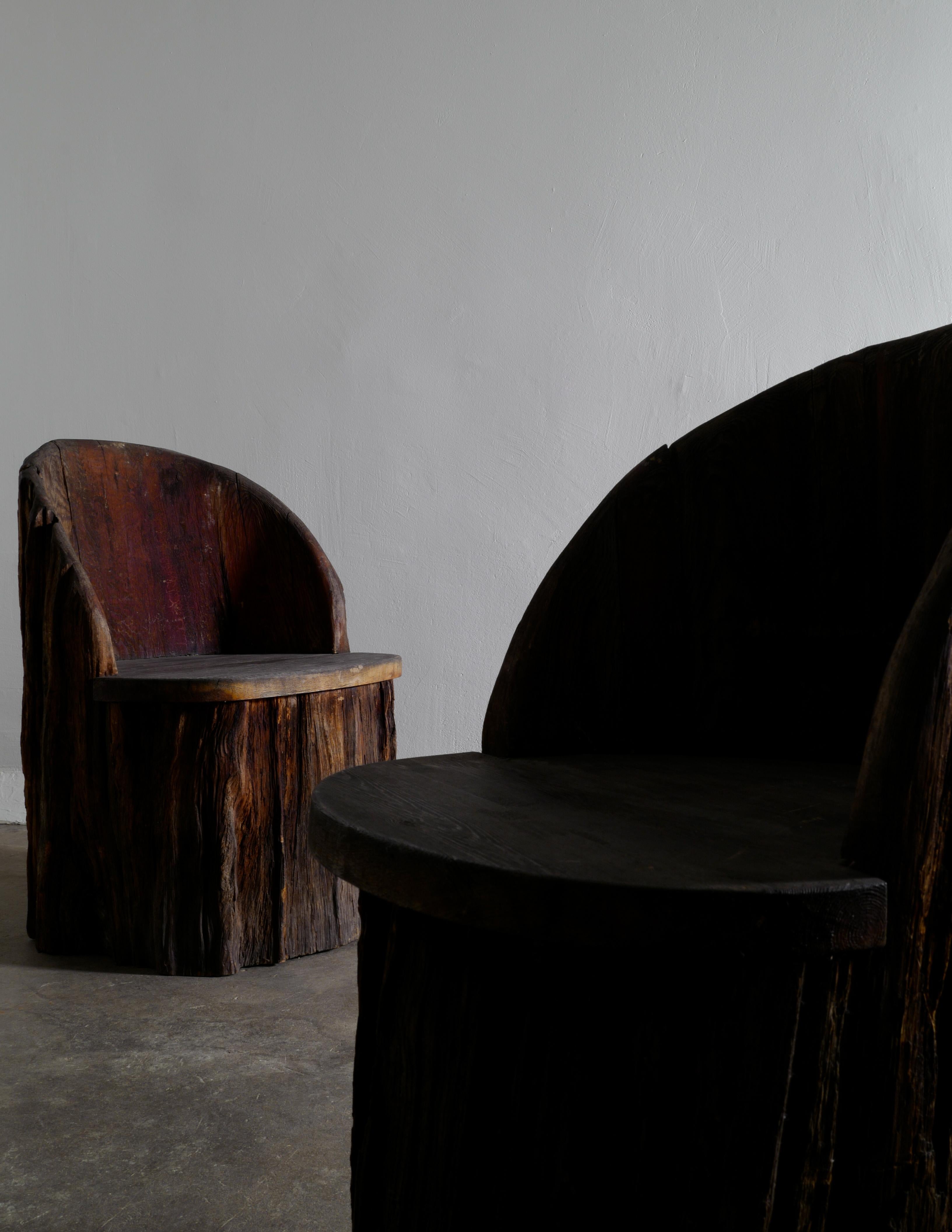 Swedish Primitive Sculptural Wabi Sabi Stump Chairs in Solid Stained Pine, 1900s 2