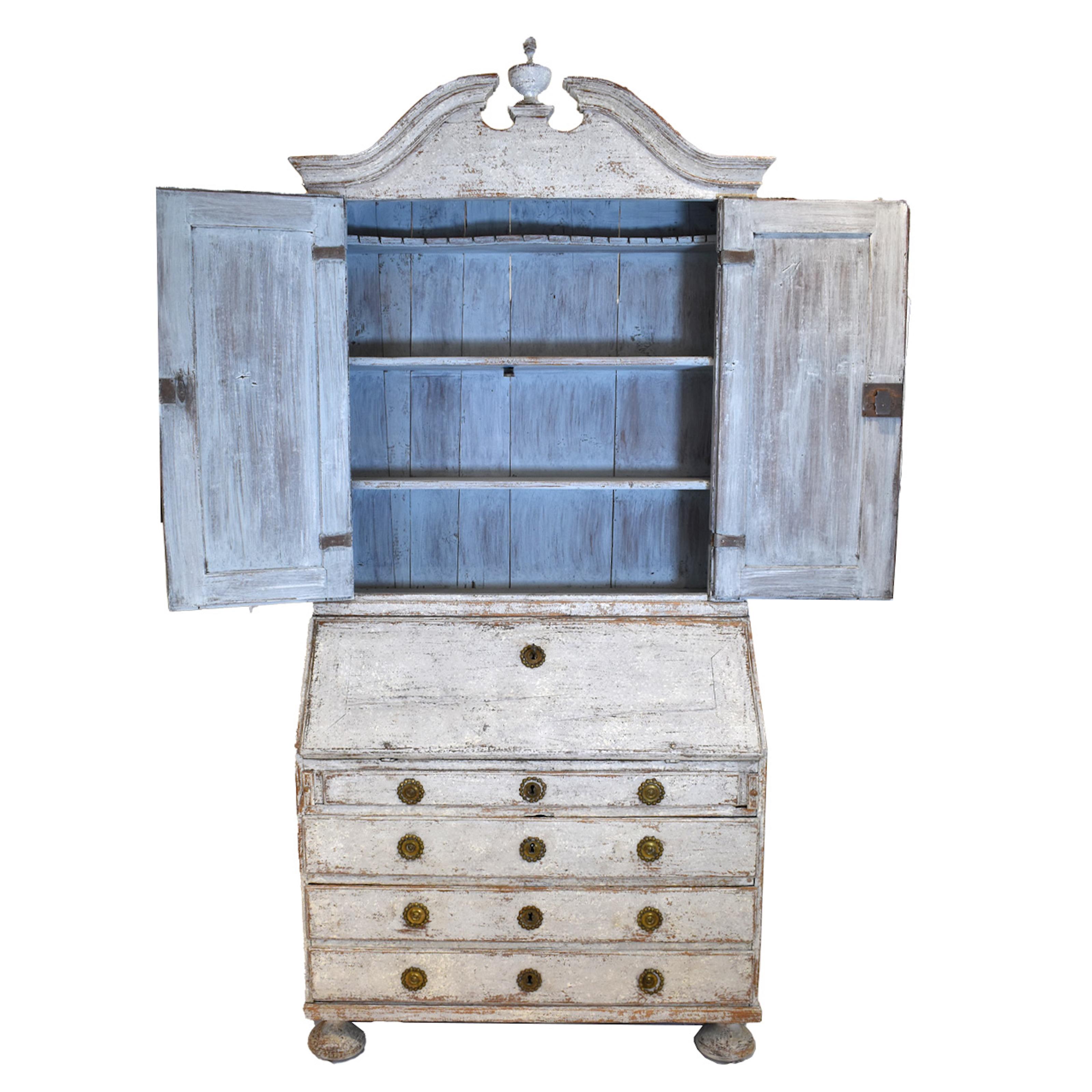 Paying bills is almost inspirational at the Swedish Secretaire! Graceful curved crown atop beautifully faded patina, surely a hero piece of the room. Charming light blue painted cabinet interior.