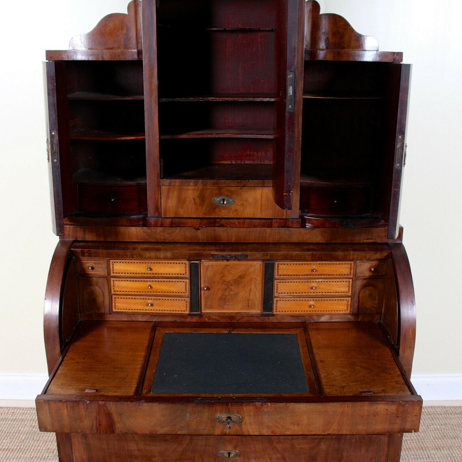 19th Century Swedish Secretaire Barrel Roll Top Bureau Bookcase Biedermeier Mahogany For Sale