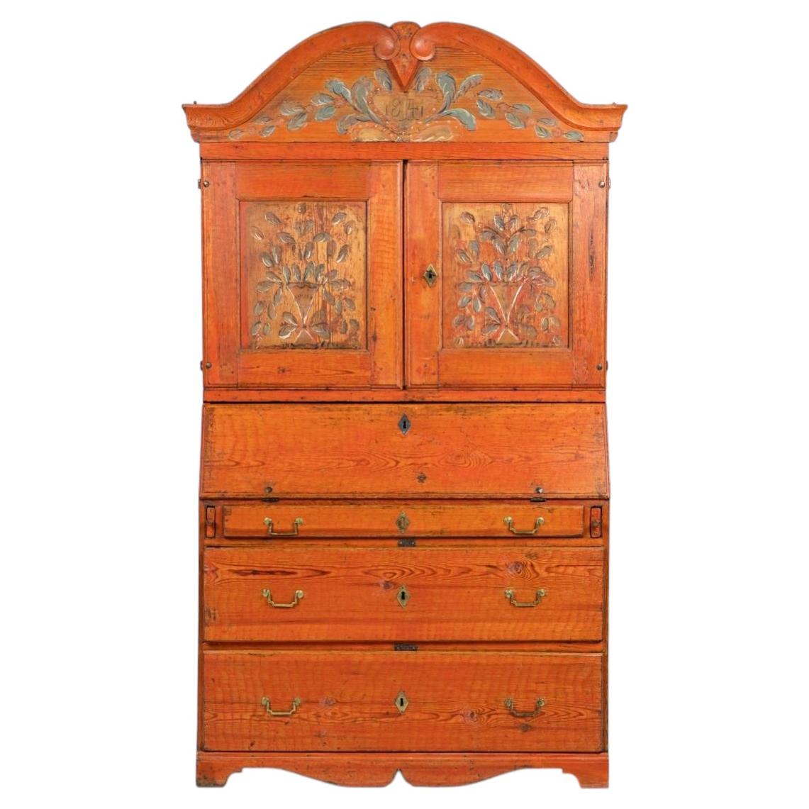 Swedish secrétaire with rare, well-preserved original paint, dated 1841. For Sale