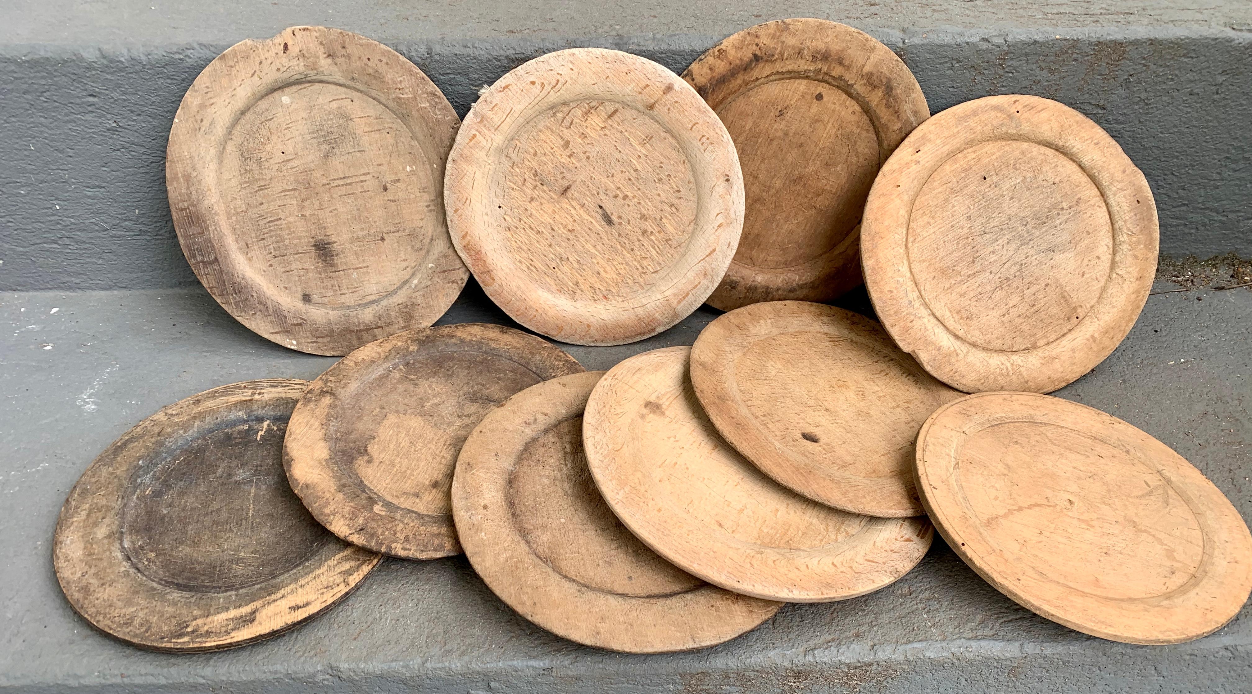 Hand-Crafted Swedish Set of 10 Wooden Folk Art Dinner Plates