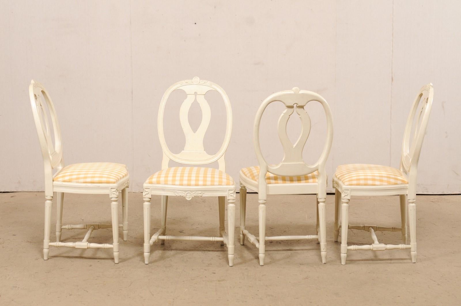 European Swedish Set of 4 Side Chairs w/ Pierced Oval Shaped Backs & Upholstered Seats