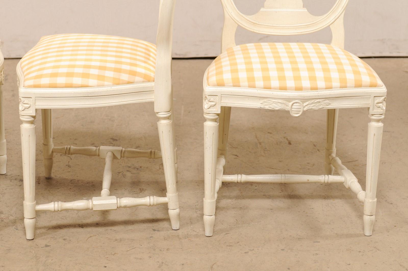 20th Century Swedish Set of 4 Side Chairs w/ Pierced Oval Shaped Backs & Upholstered Seats