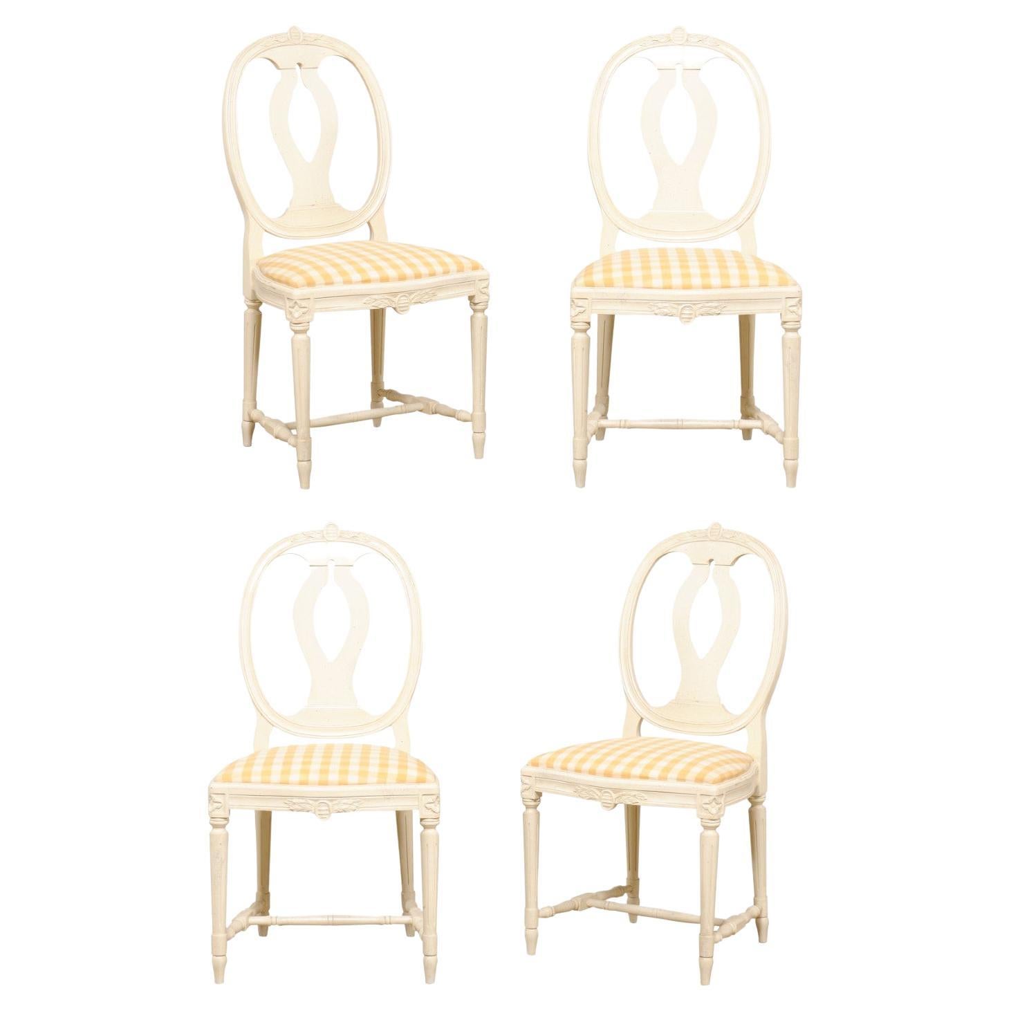 Swedish Set of 4 Side Chairs w/ Pierced Oval Shaped Backs & Upholstered Seats