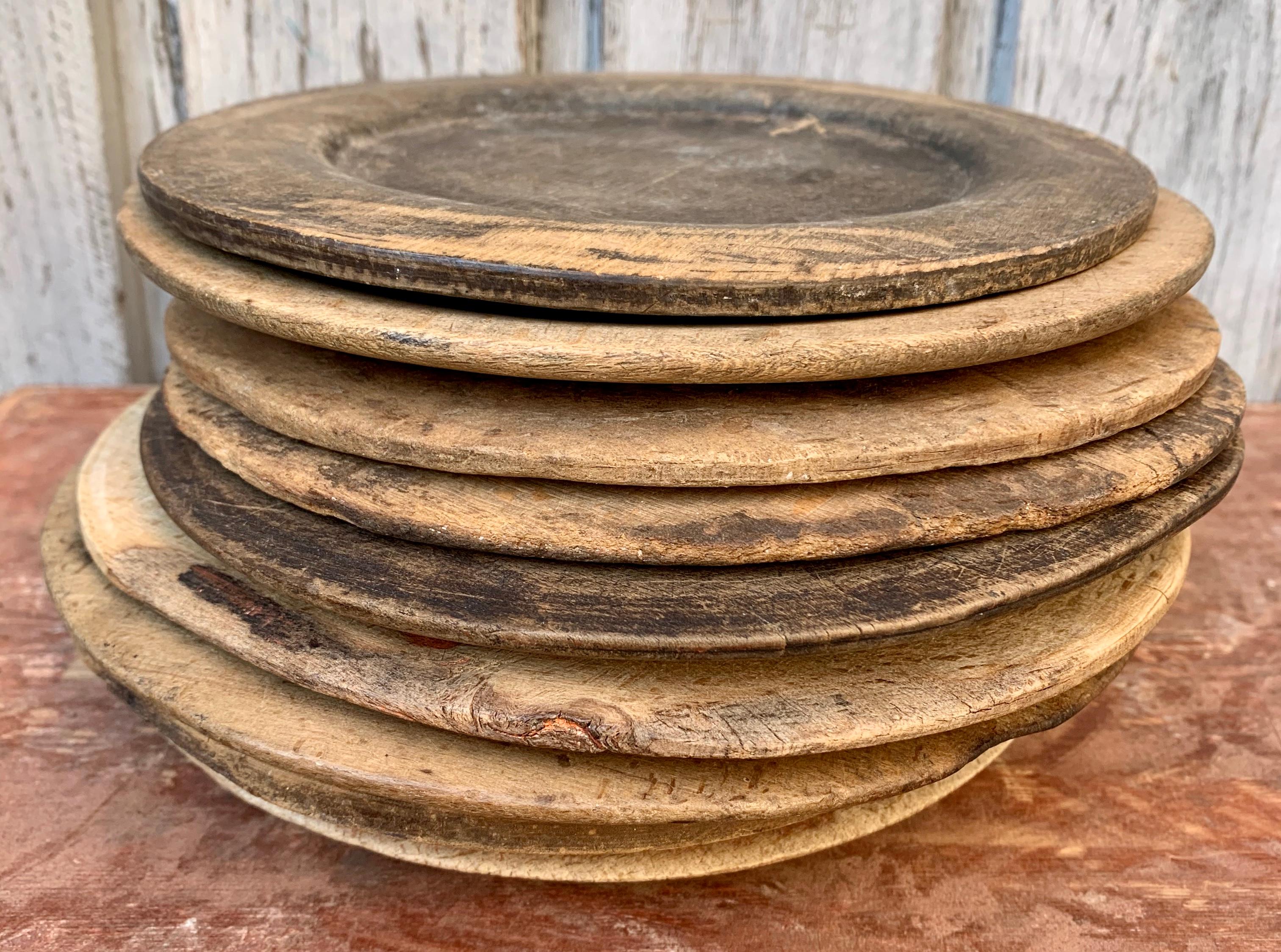 Swedish Set of 9 Antique Wooden Folk Art Dinner Plates 6