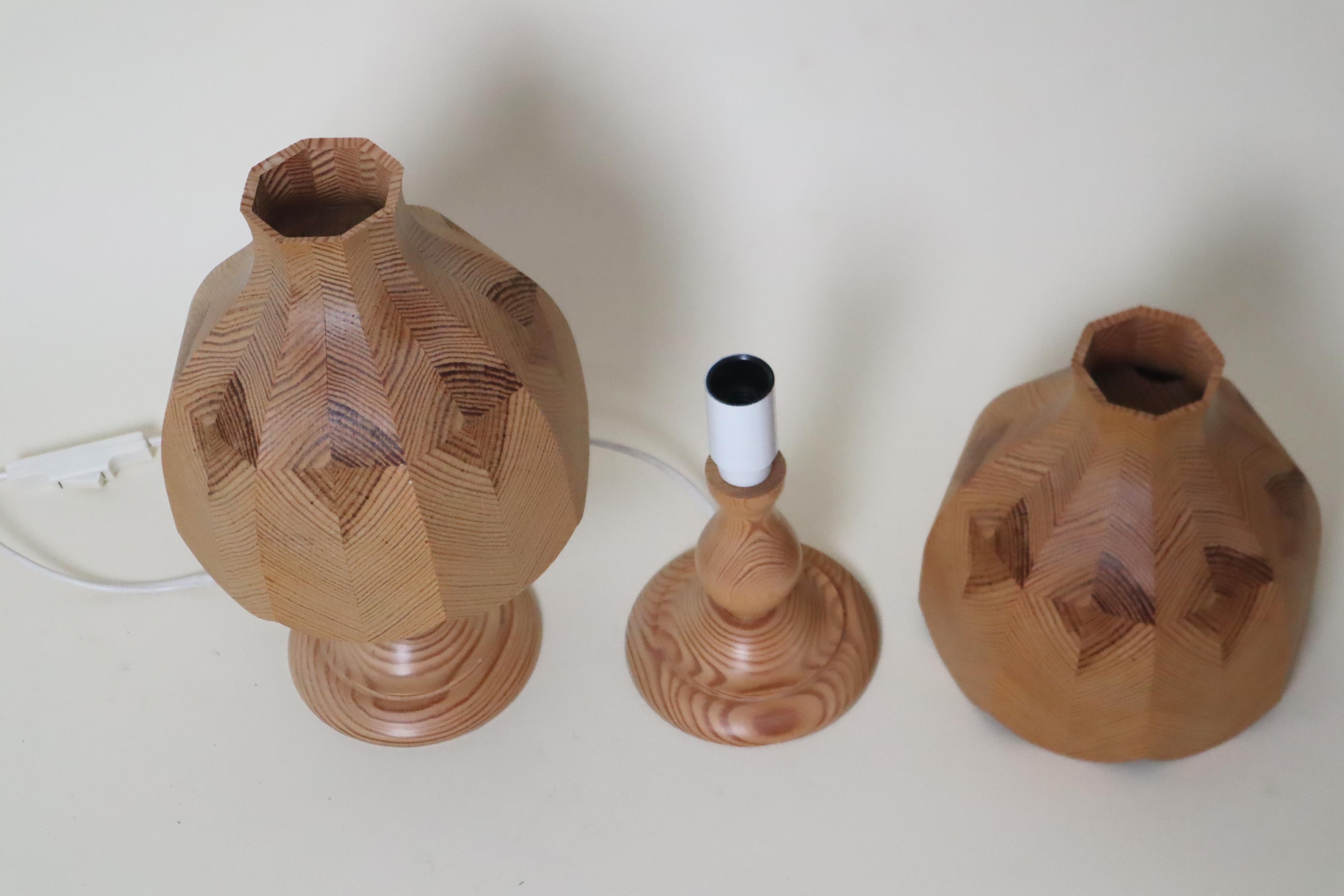 Hand-Crafted Swedish Set Of Designer Table Lamps Made of Pinewood For Sale