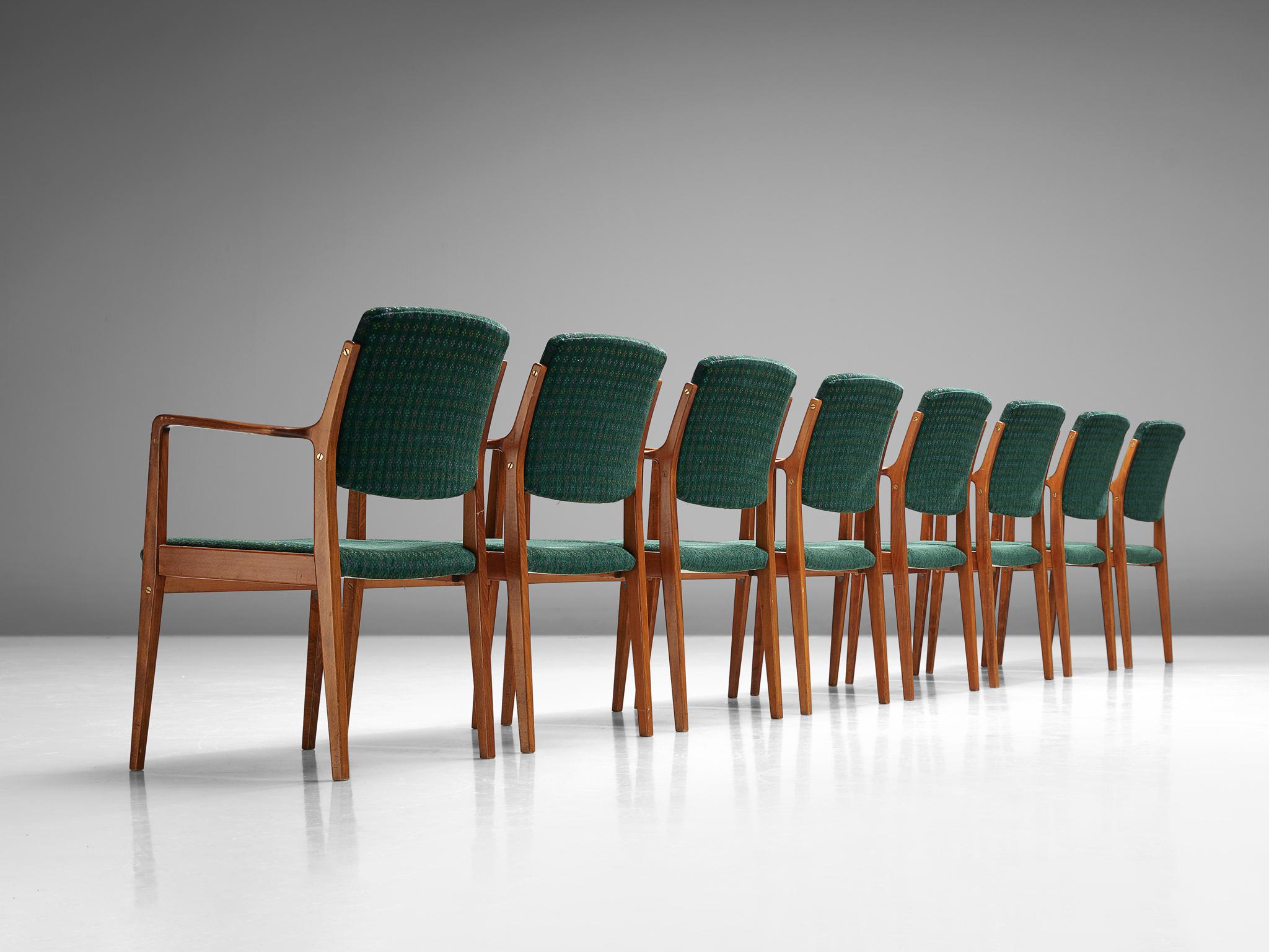 Åtvidabergs Snickerifabrik, set of eight dining chairs, stained beech, fabric, Sweden, 1960s 

This Swedish set of armchairs have an elegant profile defined by round contours and subtle, curved lines. The tilted backrest and wide seat provide a