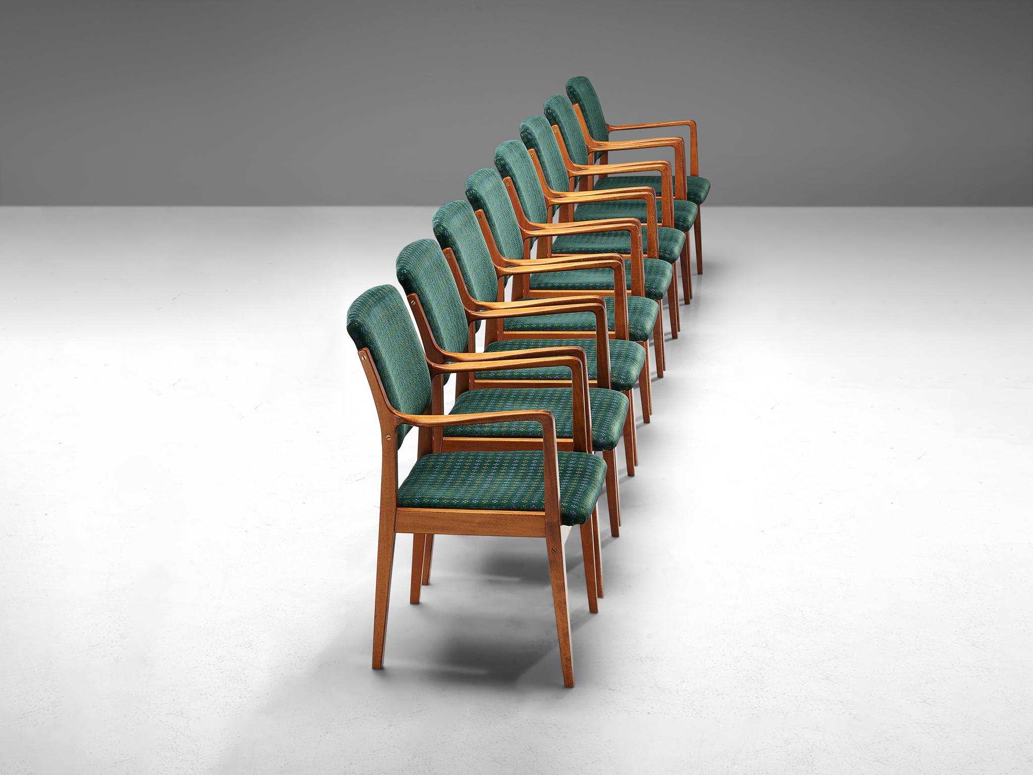 Mid-20th Century Swedish Set of Eight Armchairs in Green Patterned Upholstery For Sale