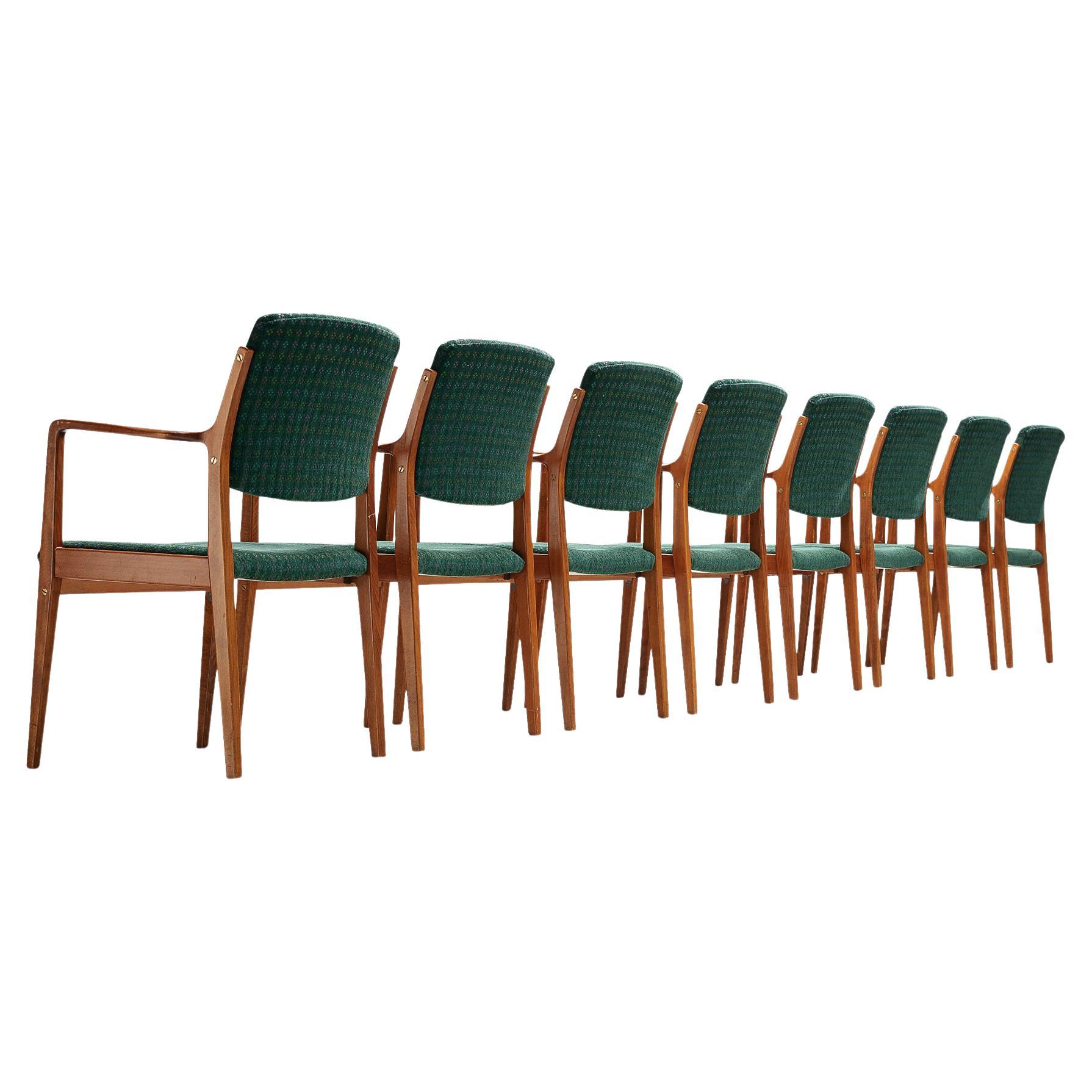 Swedish Set of Eight Armchairs in Green Patterned Upholstery For Sale