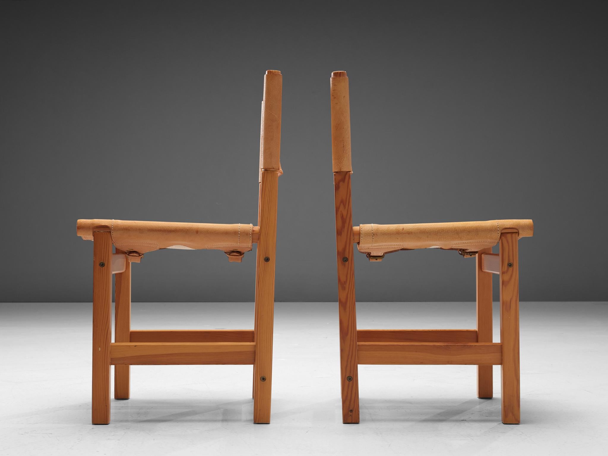 Late 20th Century Swedish Set of Four Chairs in Pine and Naturel Leather