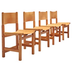 Swedish Set of Four Chairs in Pine and Naturel Leather