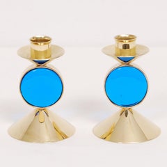 Swedish Set of Gunnar Ander Blue Glass and Brass Candle Holders for Ystad Metall