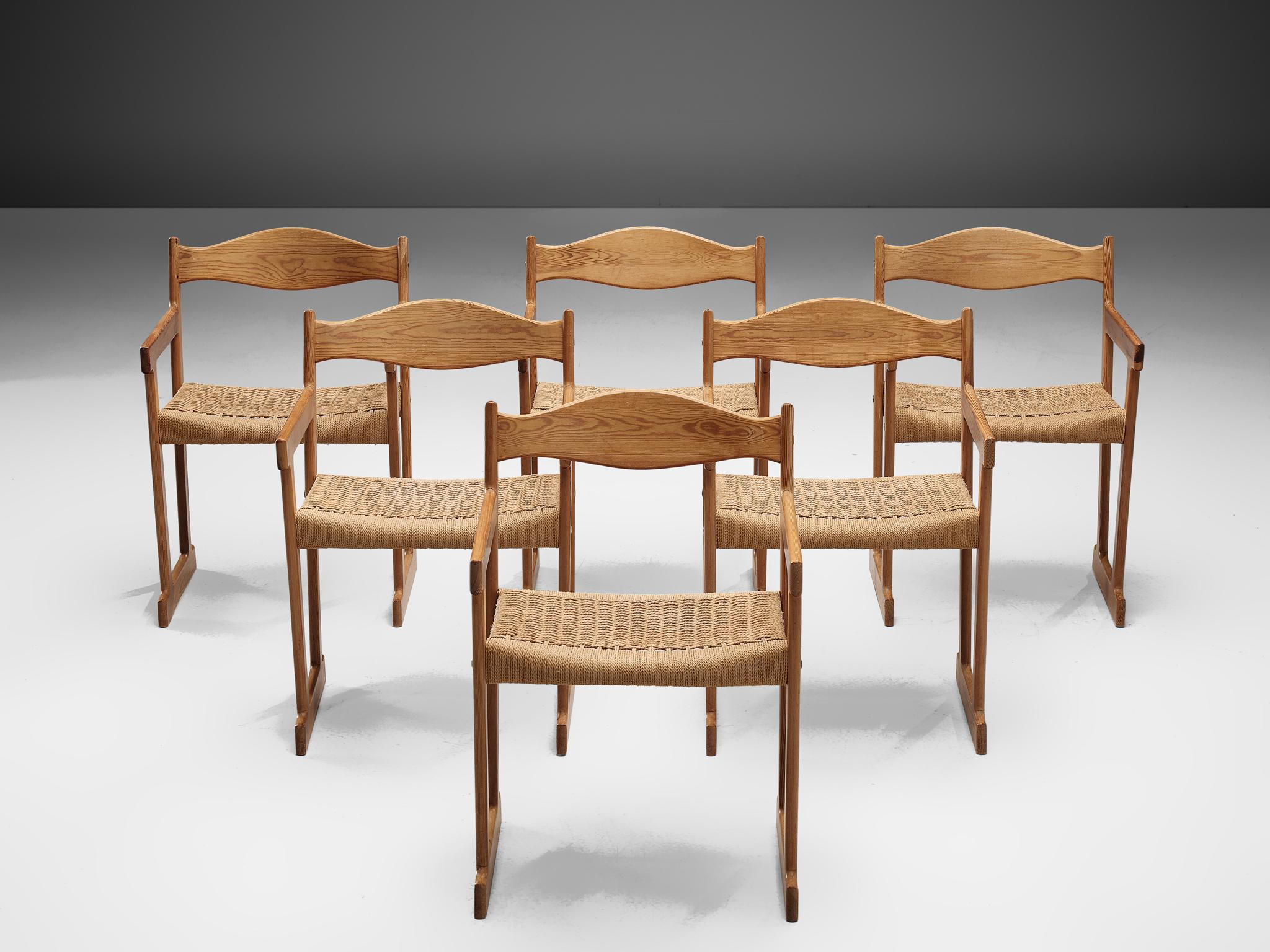 Mid-20th Century Swedish Set of Six Armchairs in Pine and Papercord