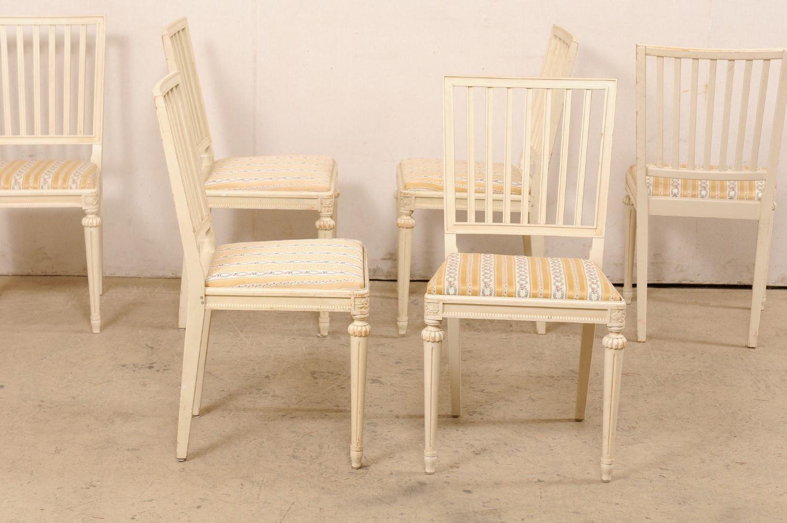 Swedish Set of Six Carved-Wood Side Chairs with Upholstered Seats, Cream Finish In Good Condition For Sale In Atlanta, GA