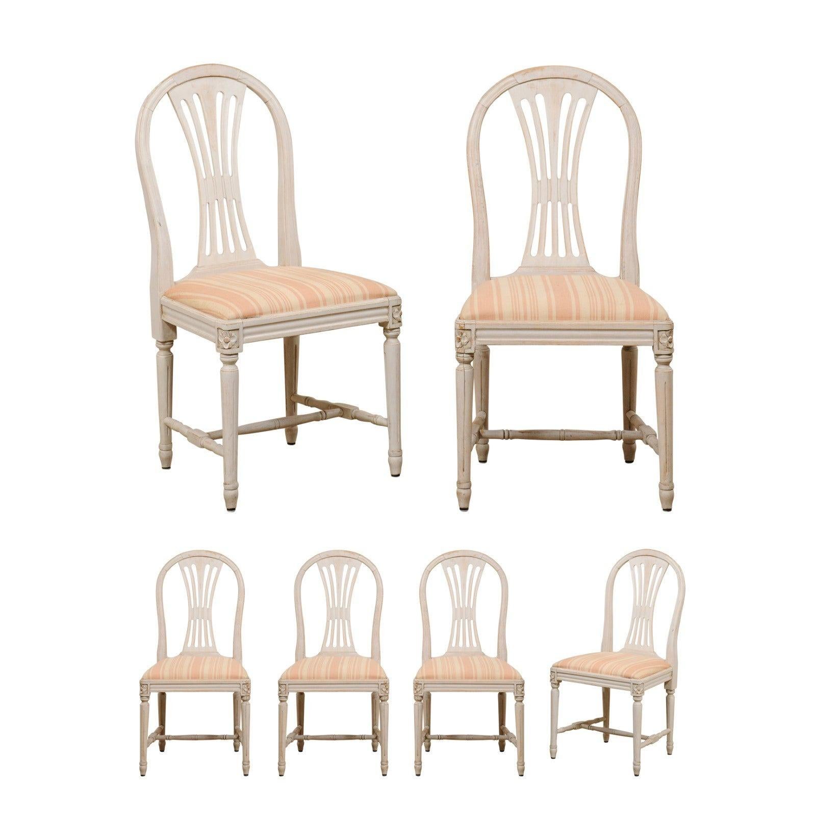 Swedish Set of Six Vintage Side Chairs w/ Pierce-Carved Back Splats