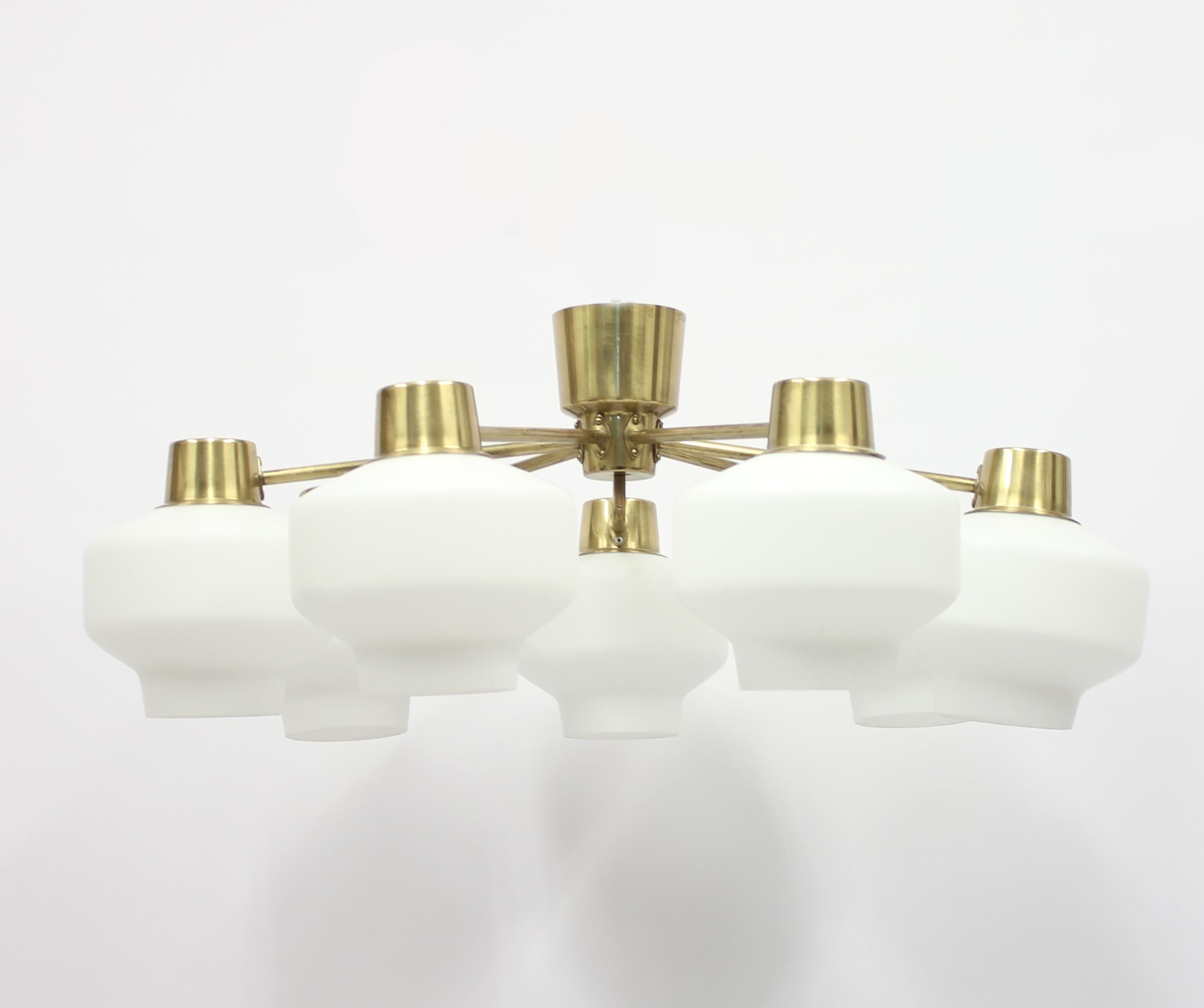 Mid-20th Century Swedish Seven-Light Brass Ceiling Light by ASEA, 1950s