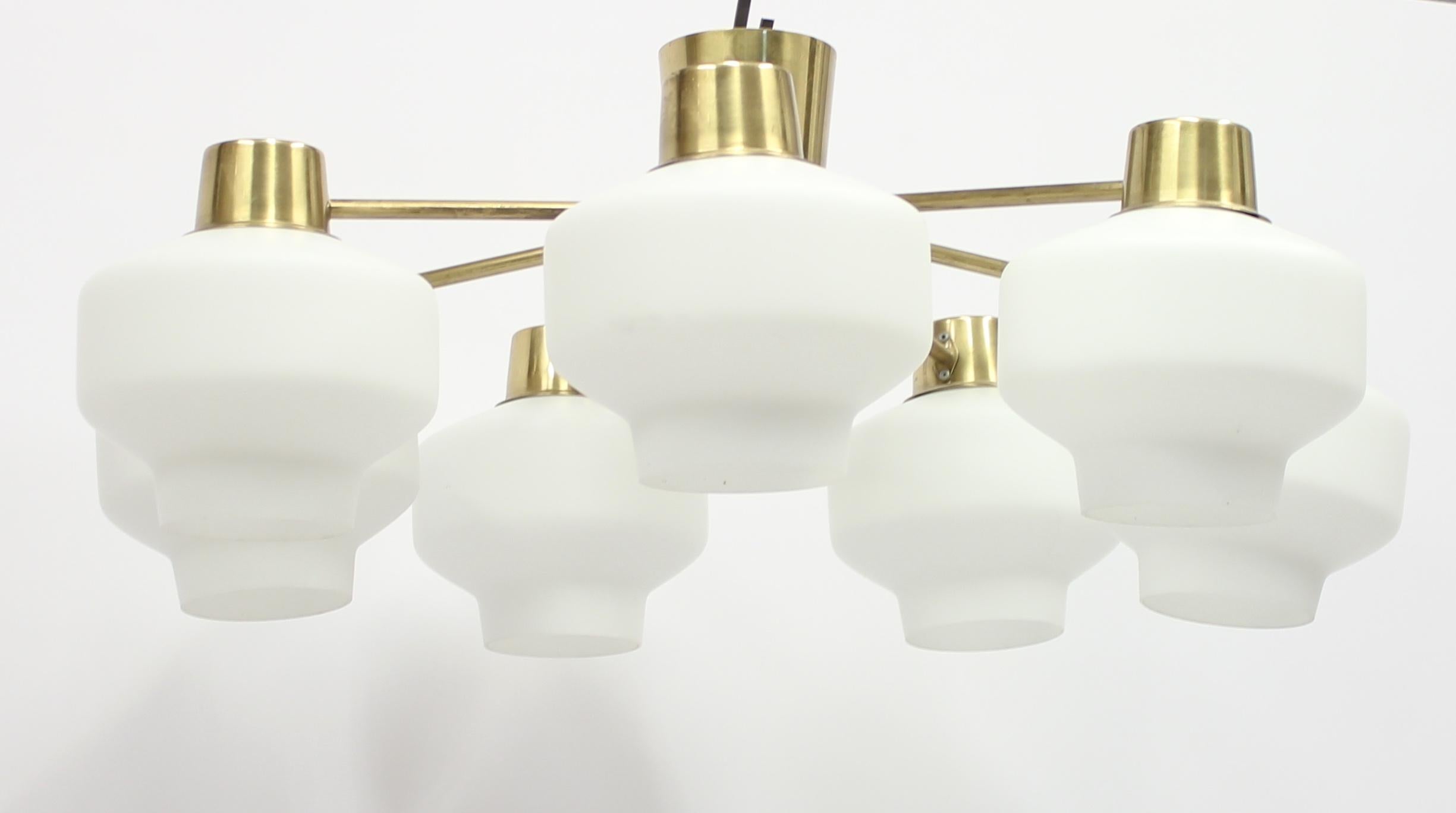 Opaline Glass Swedish Seven-Light Brass Ceiling Light by ASEA, 1950s