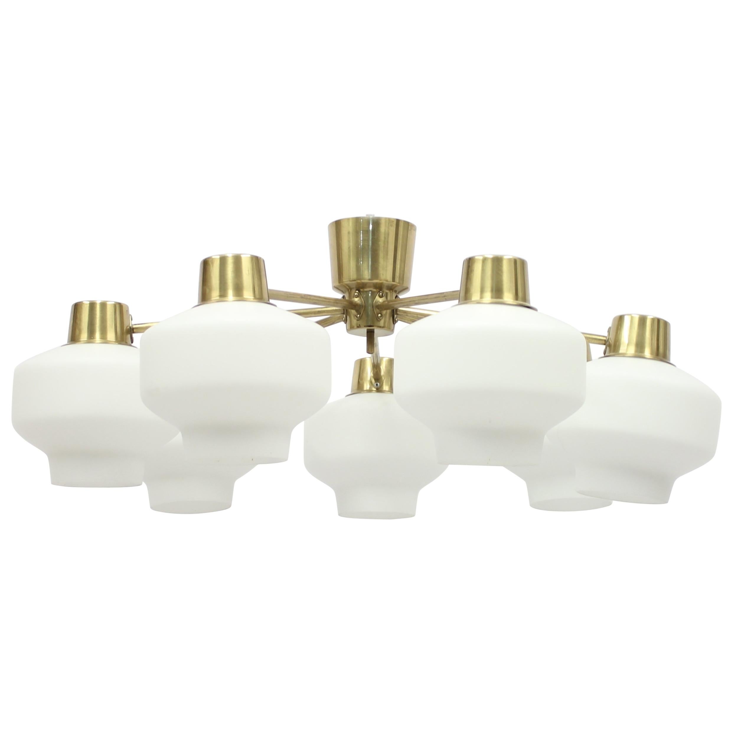 Swedish Seven-Light Brass Ceiling Light by ASEA, 1950s