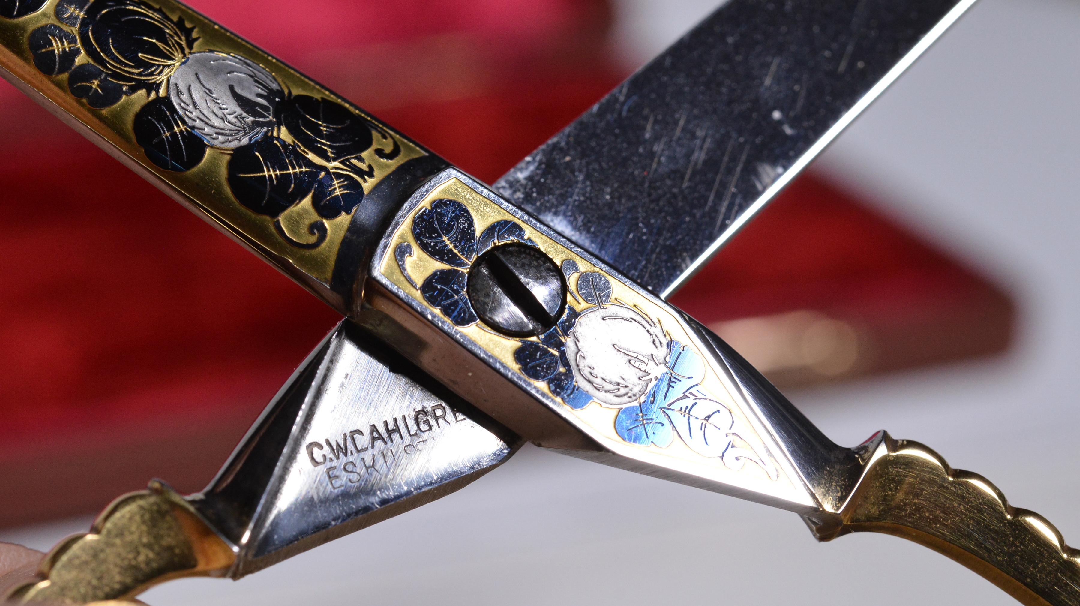 Gold Plate Swedish Sewing Set of Scissors Folding Knife early 20th century Eskilstuna For Sale