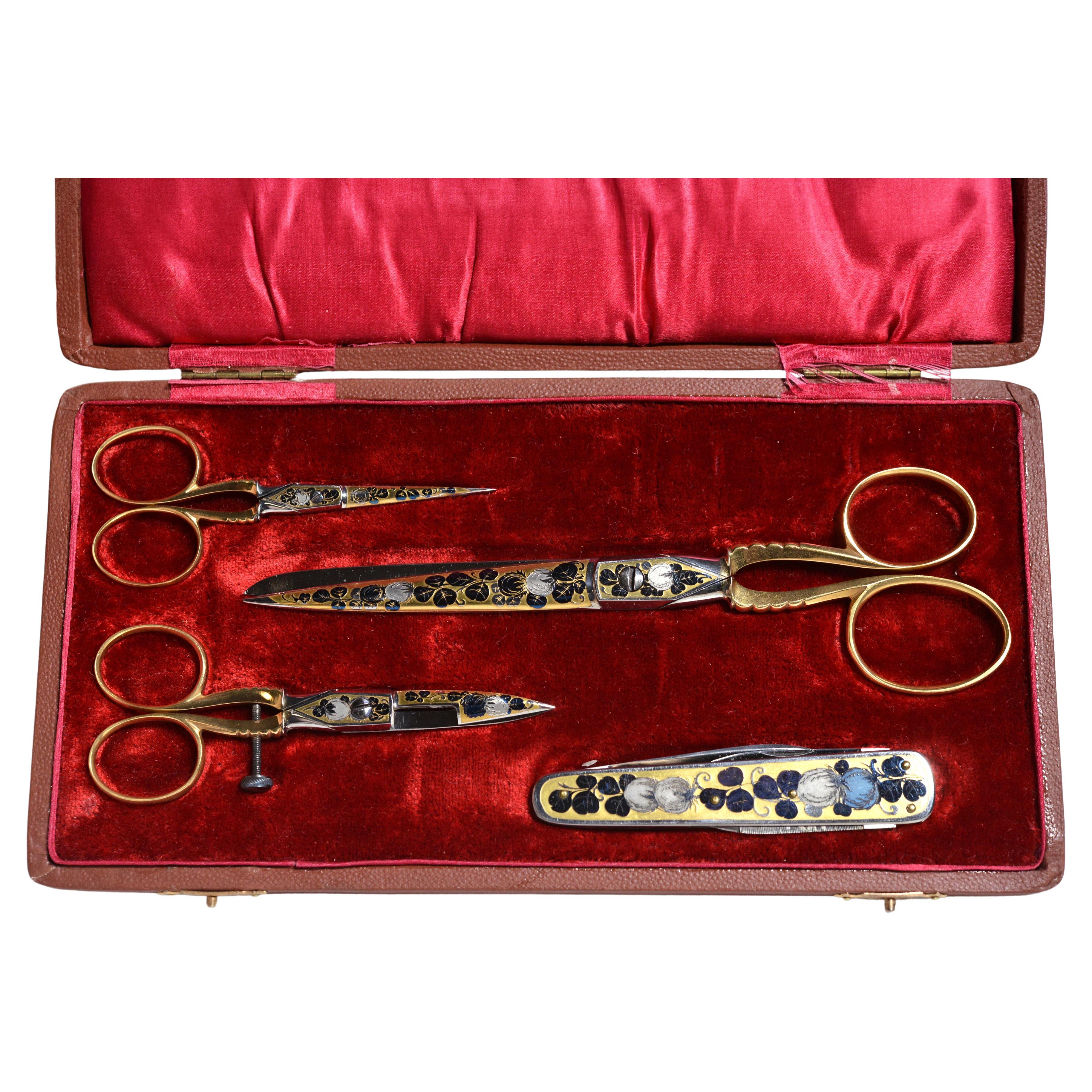 Swedish Sewing Set of Scissors Folding Knife early 20th century Eskilstuna For Sale