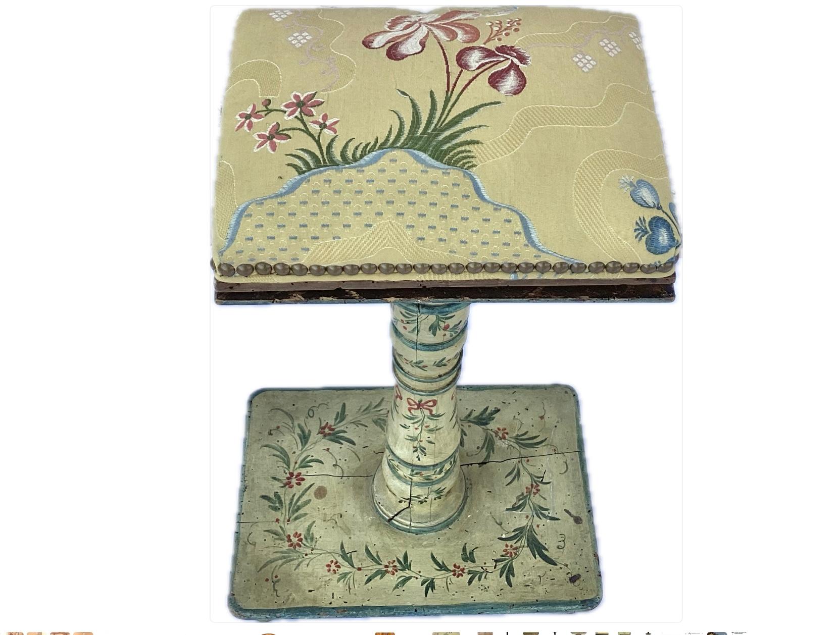 Beautiful original painted Folk Art Swedish Sewing Stand, circa 1830. Presented in its original soft yellow color scheme with hand painted bows and flowers.
Adjustable Wooden Pincushion. This pincushion features a thick padded cloth top, providing a