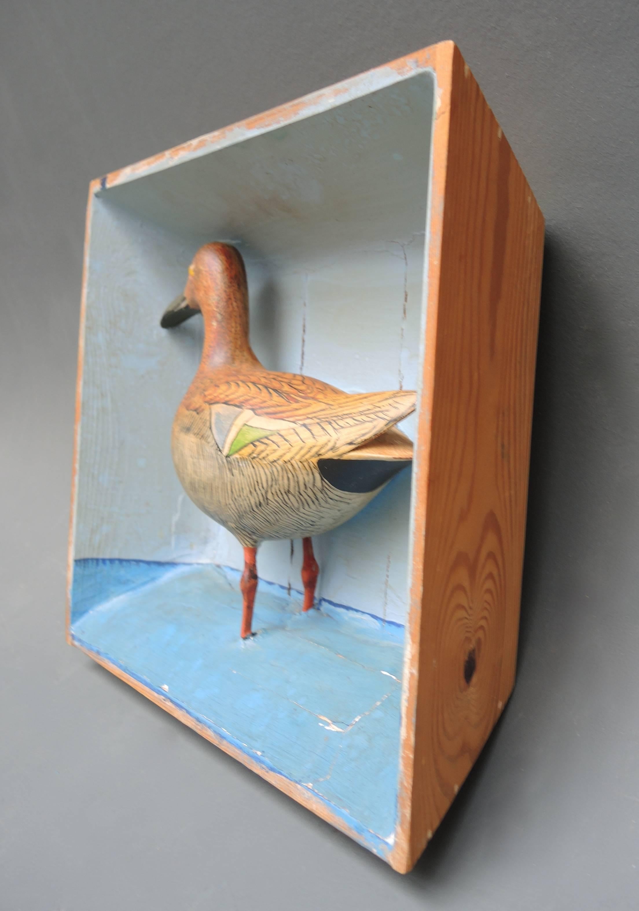Folk Art Swedish Shadow Box Diorama with a Hand Carved and Painted Wood Shore Bird