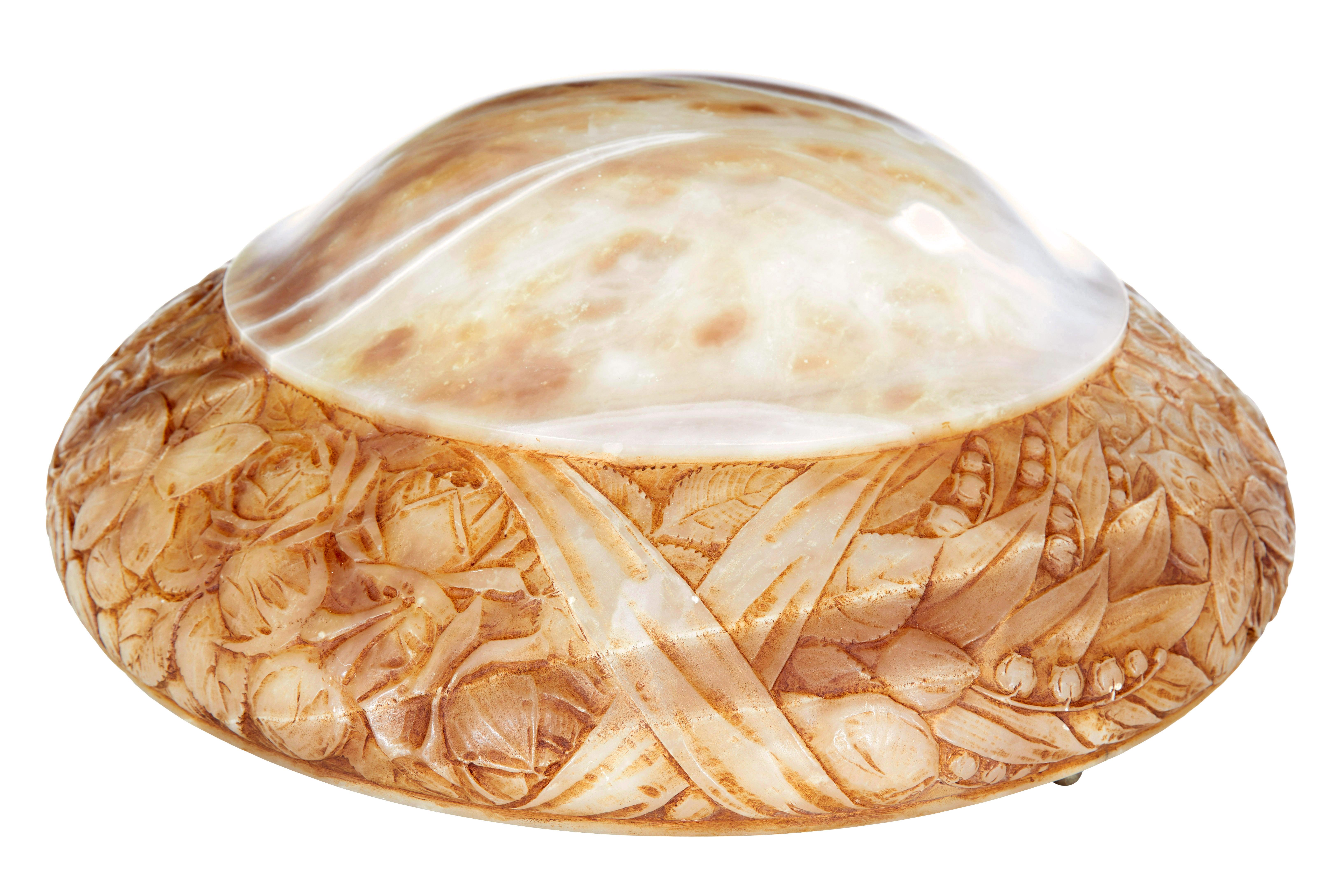 Swedish shaped art deco carved alabaster ceiling light circa 1920.

Fine quality domed shaped art deco period pendant light.  Turned and hand carved from a single piece of alabaster.  Base showcase's the natural figuring of the stone which contrasts