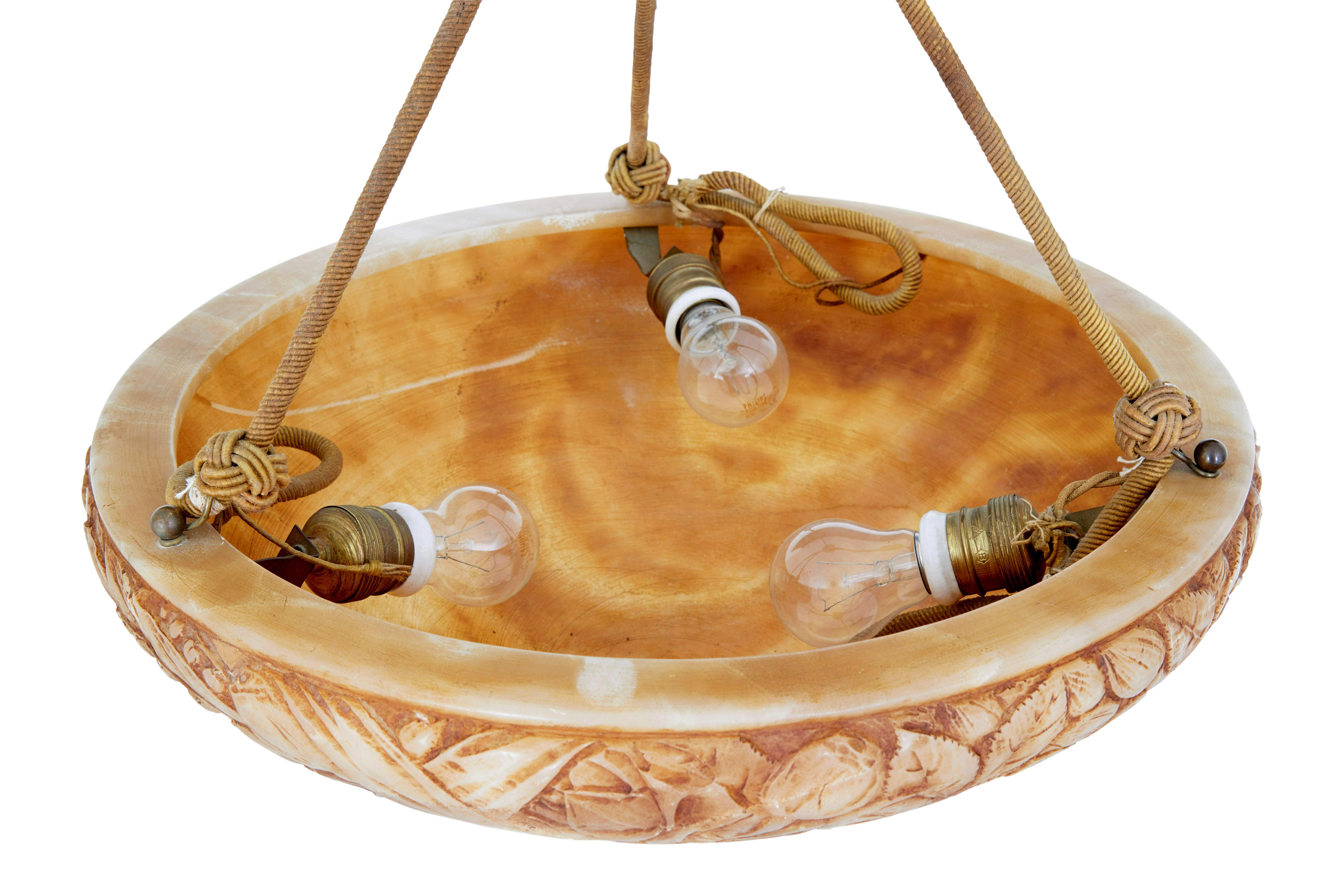 Swedish shaped art deco carved alabaster ceiling light In Good Condition For Sale In Debenham, Suffolk