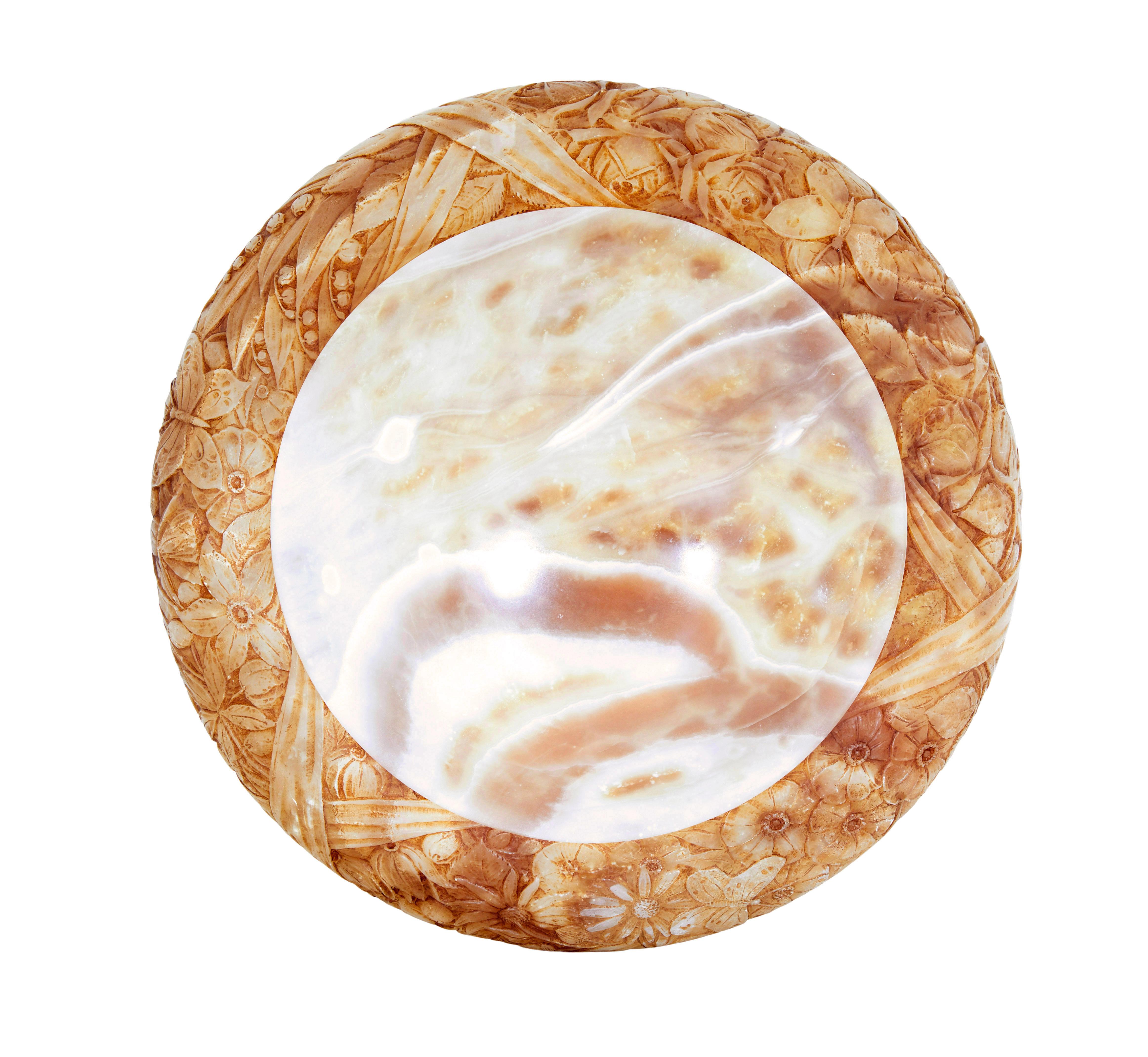 Alabaster Swedish shaped art deco carved alabaster ceiling light For Sale