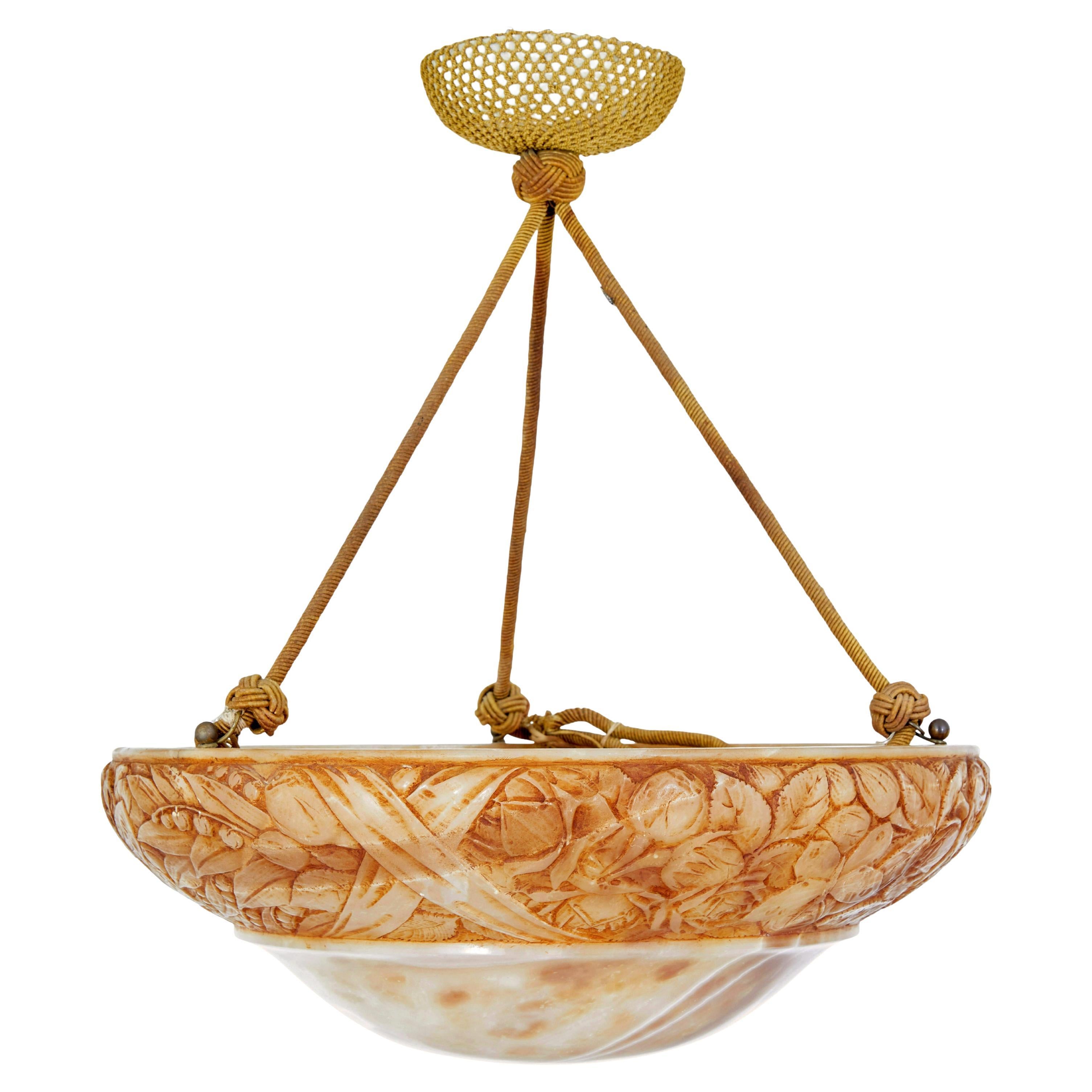 Swedish shaped art deco carved alabaster ceiling light For Sale