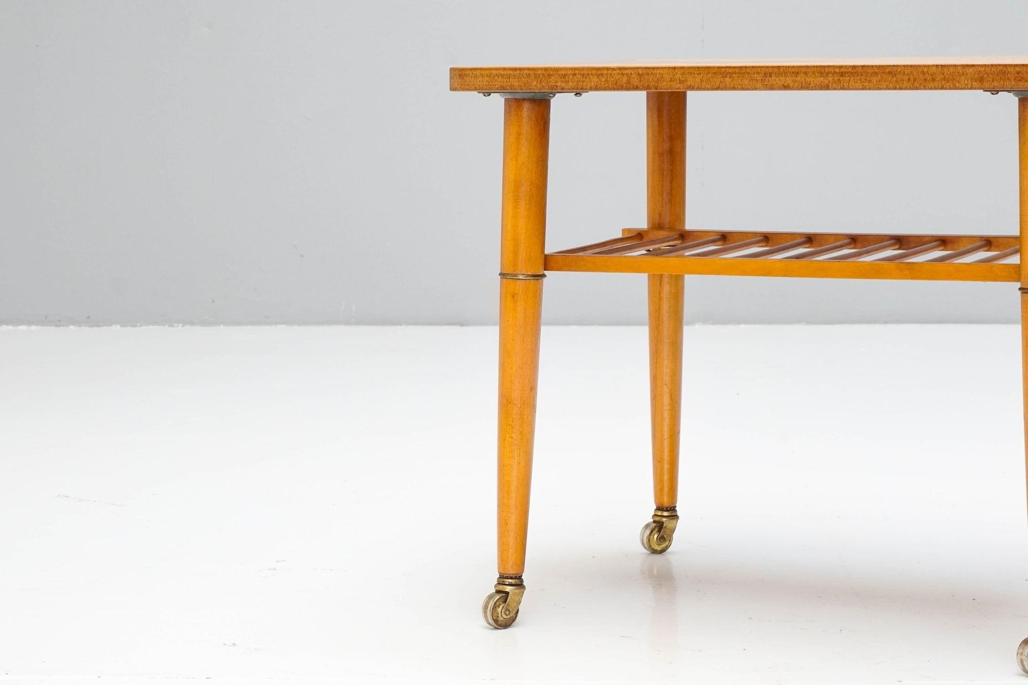Beech Swedish Side Table on Wheels For Sale