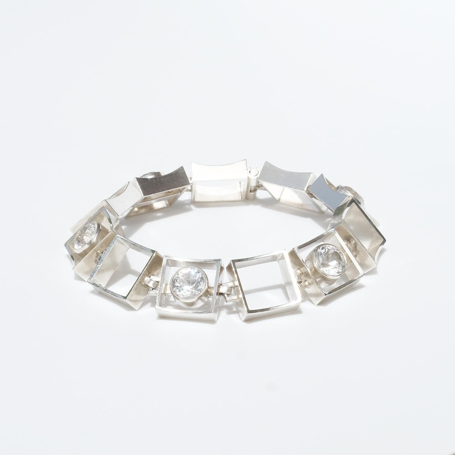 Swedish Silver Bracelet with Rock Crystals, 1970s In Good Condition In Stockholm, SE